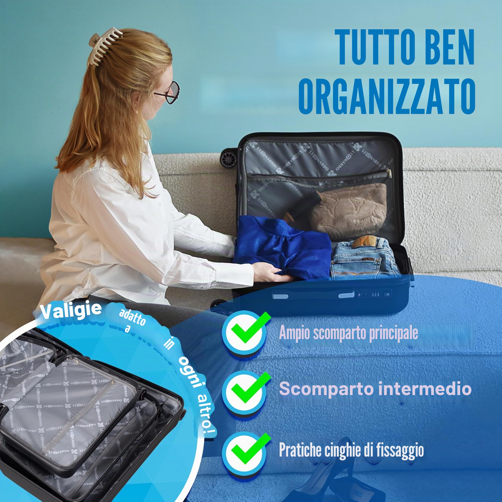 Leonardo® Bagage Grande Taille de Voyage | Valigia con Chiusura TSA | Valigia da Viaggio | Borsa da Viaggio con 4 Ruote Doppie | Bagaglio a Mano | Trolley | Valigia Rigida | Set S-M-L | Venezia | Nero