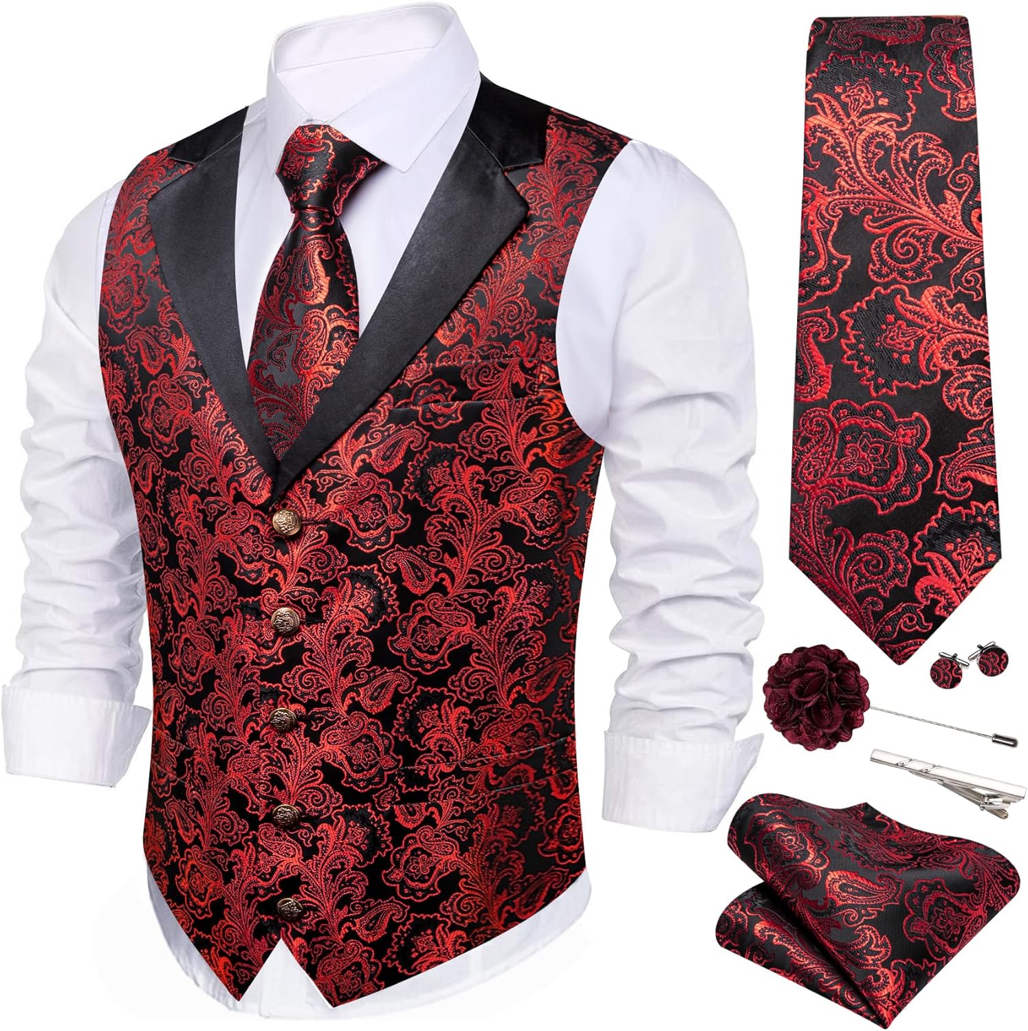 Barry. Wang Mens Silk Notch Lapel Waistcoat Vest Suit Paisley Jacquard 7PCS Vest and Necktie Set Formal Dress Party Prom