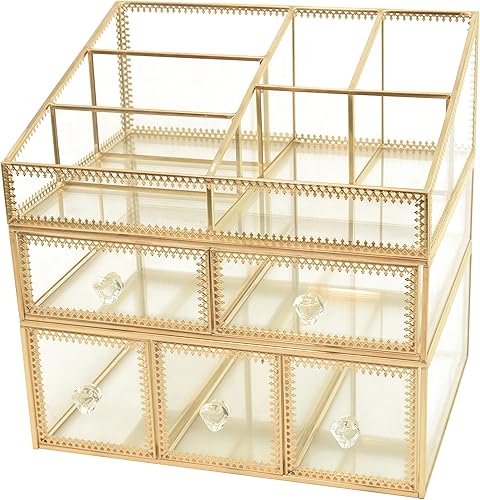 Grupo organizador de joyas de maquillaje dorado combinación de almacenamiento de cosméticos de encimera antigua caja de vidrio para tocador joyería Grupo organizador de joyas de maquillaje dorado combinación de almacenamiento de cosméticos de encimera antigua caja de vidrio para tocador joyería