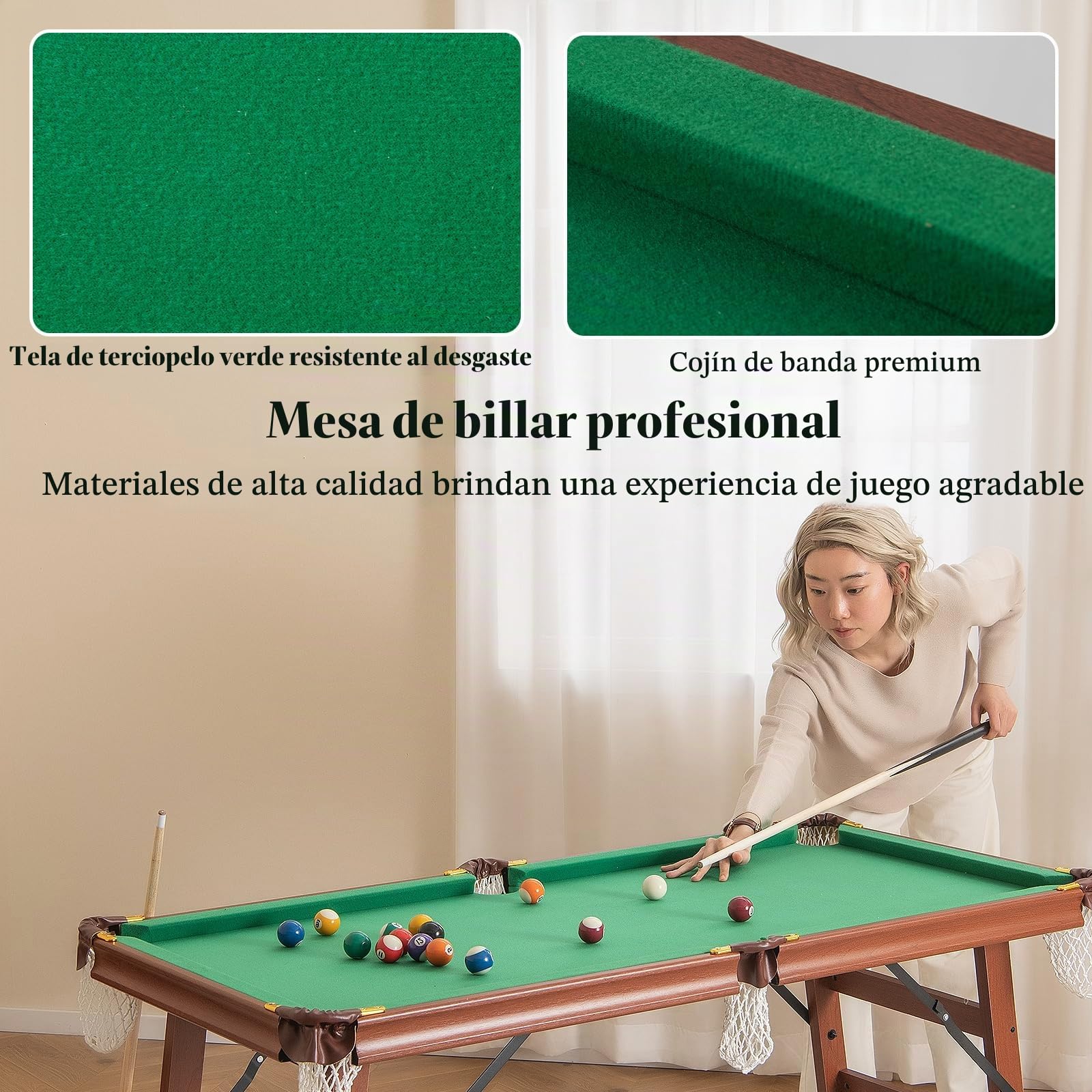 HOMASIS Mesa de Billar Plegable, Mini Billar portátil con 2 Tacos, 16 Bolas, 2 tizas, triángulo, Cepillo, Patas Ajustables, Mesas de Billar Infantil para casa, Bar, niños y Adultos, 138x67x79,5cm