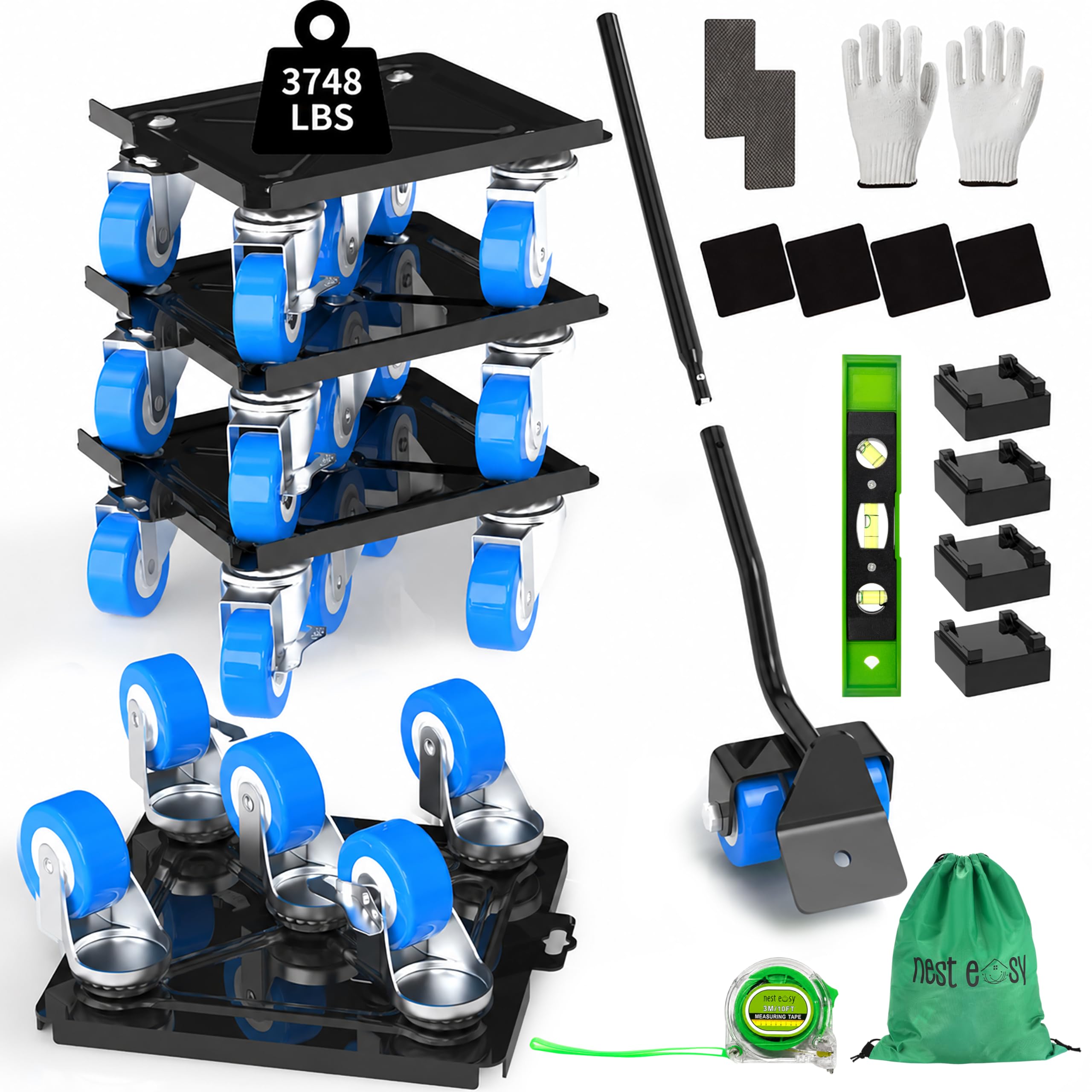 Carrello per mobili resistente, girevole a 360°, 5 ruote blu, in lega di acciaio, capacità di carico fino a 1700 kg, con metro a nastro e livellatore (17,5 x 16,5 cm)