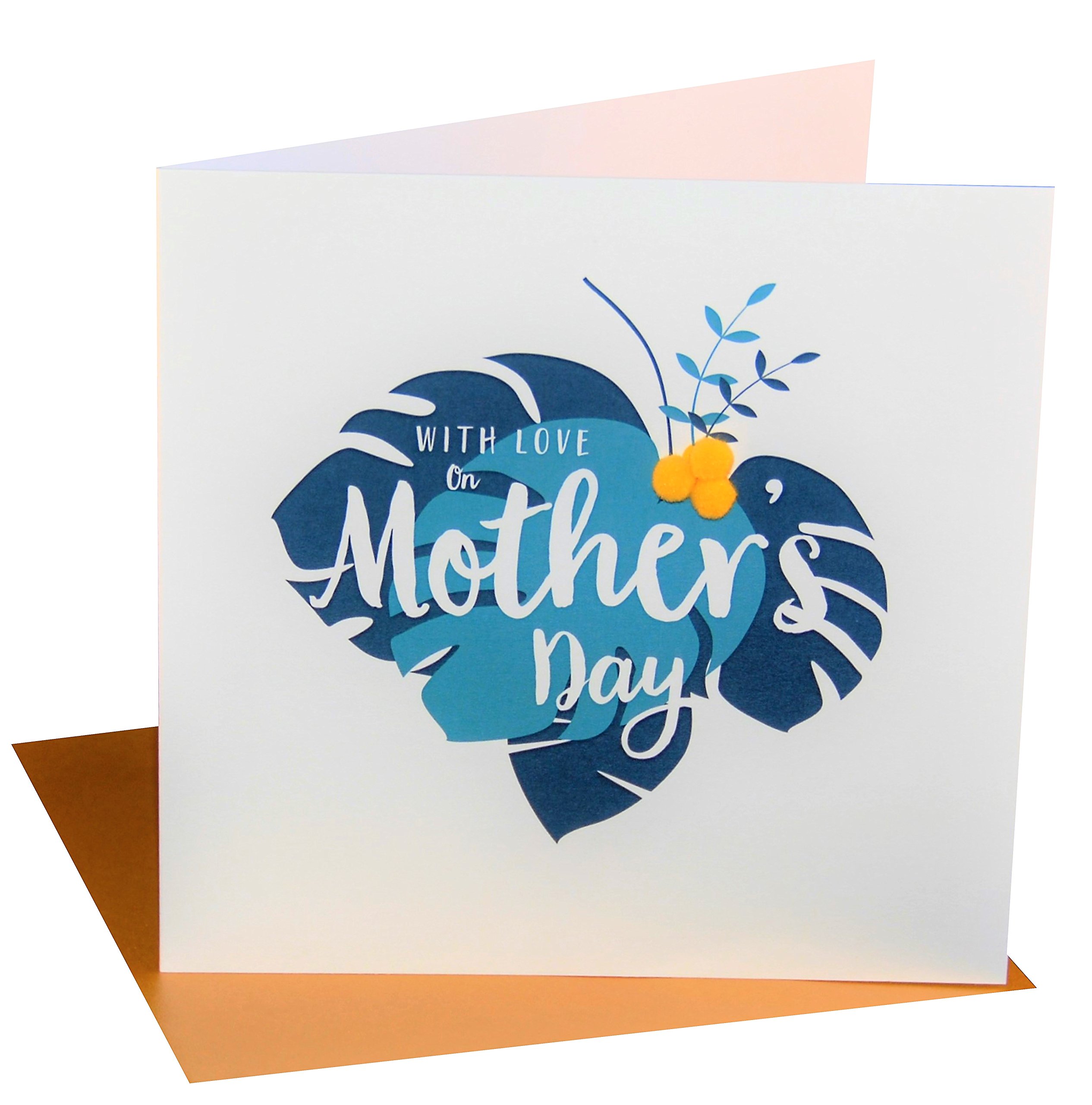 Claire Giles Greeting Cards, Mother's Day Card, Tropical Leaves, Embellished with Colourful Pompoms