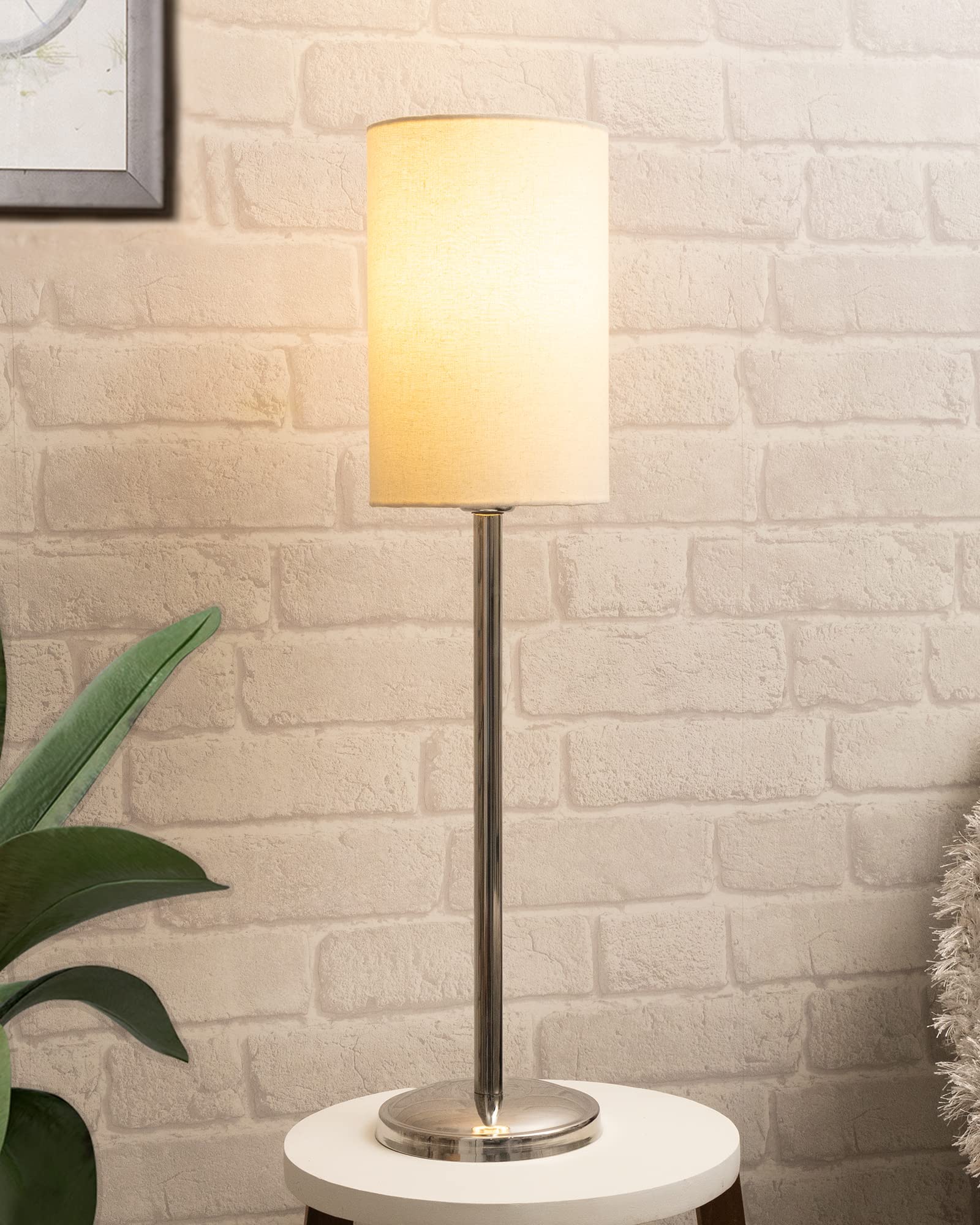 Homesake® Stainless Steel Gray Chrome 16" Basic Incandescent Table Lamp with Fabric Shade, Bedside Light, (Beige Pipe)