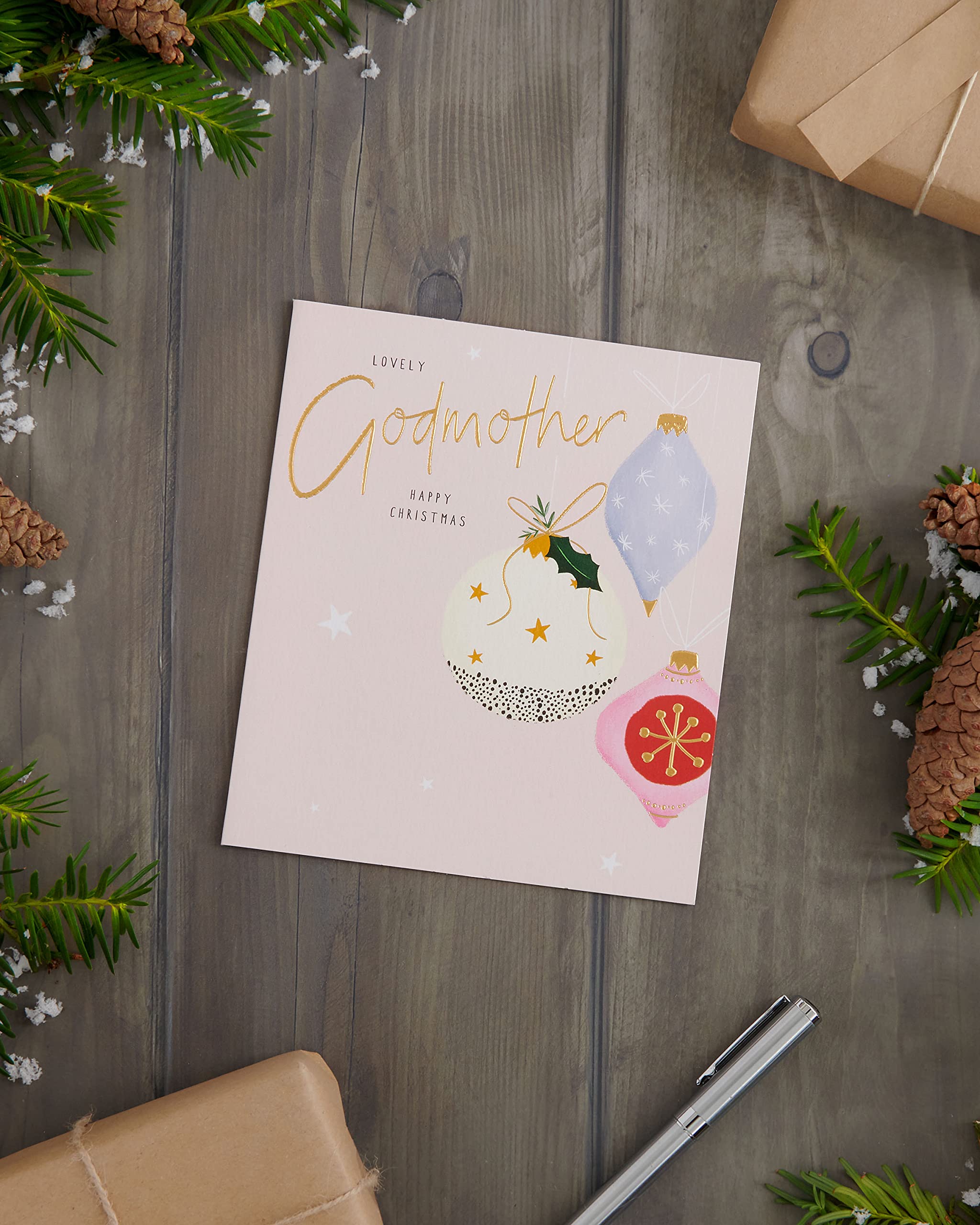 A Lovely Godmother Xmas Baubles Gold Foiled Christmas Card Xmas Greeting Cards, Godmother Baubles, 159mm x 184mm - Image 3