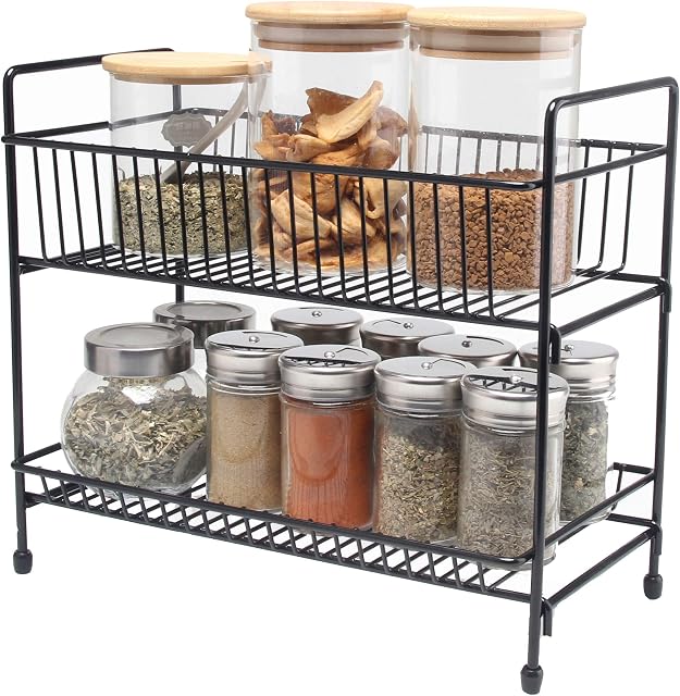 Buckingham Free Standing Two Tier Multi-Purpose Jar Spice Organiser Storage Rack, Steel, Black, 30 cm