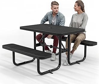 Commercial Heavy-Duty Metal Picnic Table - ADA Compliant, Adjustable Seats, Umbrella Hole, Expanded Metal (Black, 4' Rectangular)