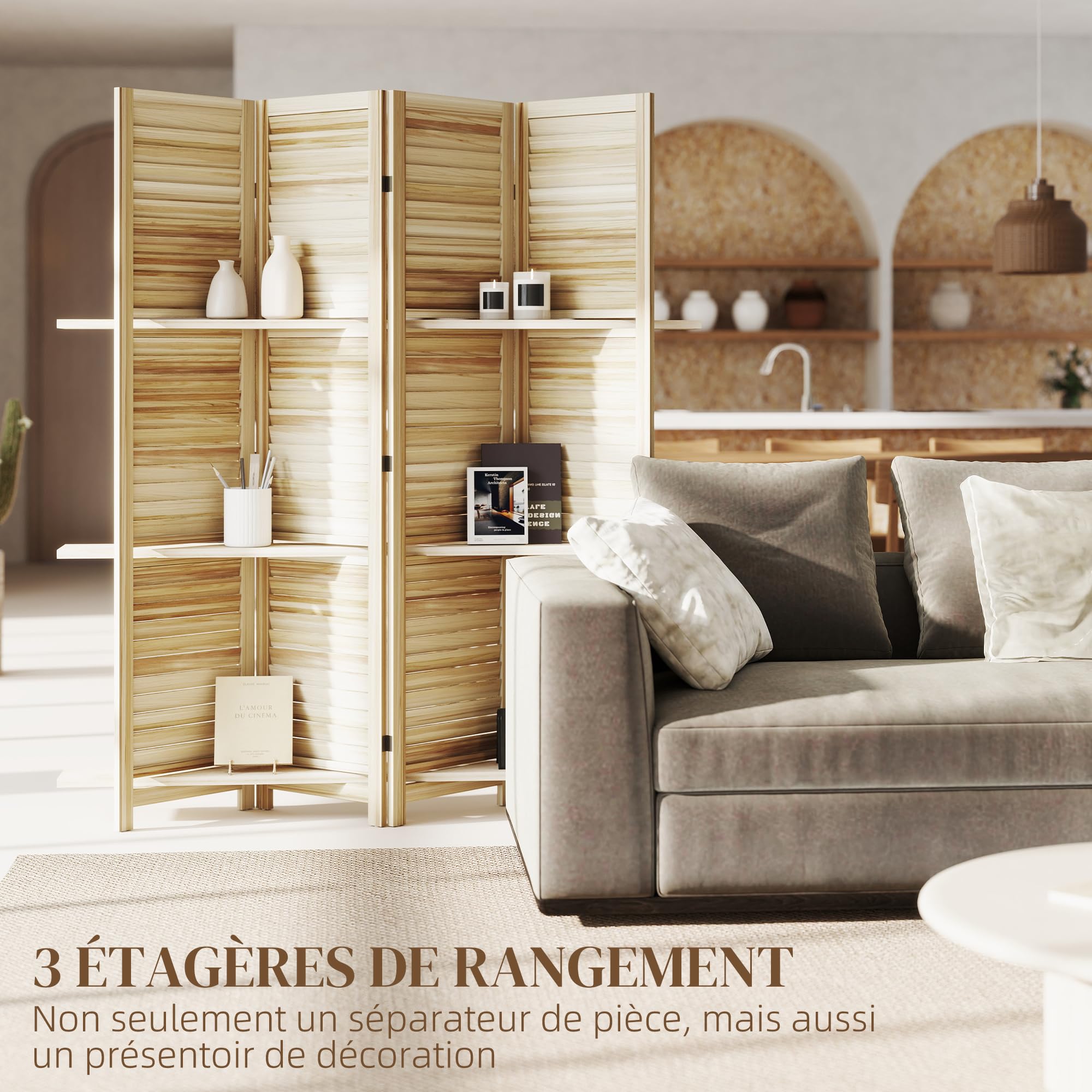 HOMCOM Paravent Intérieur en Bois 4 Panneaux 160 x 170 cm Bois Naturel | Séparateur de Pièce Pliable avec 3 Étagères, Cloison de Séparation, Salon, Chambre à Coucher, Maison