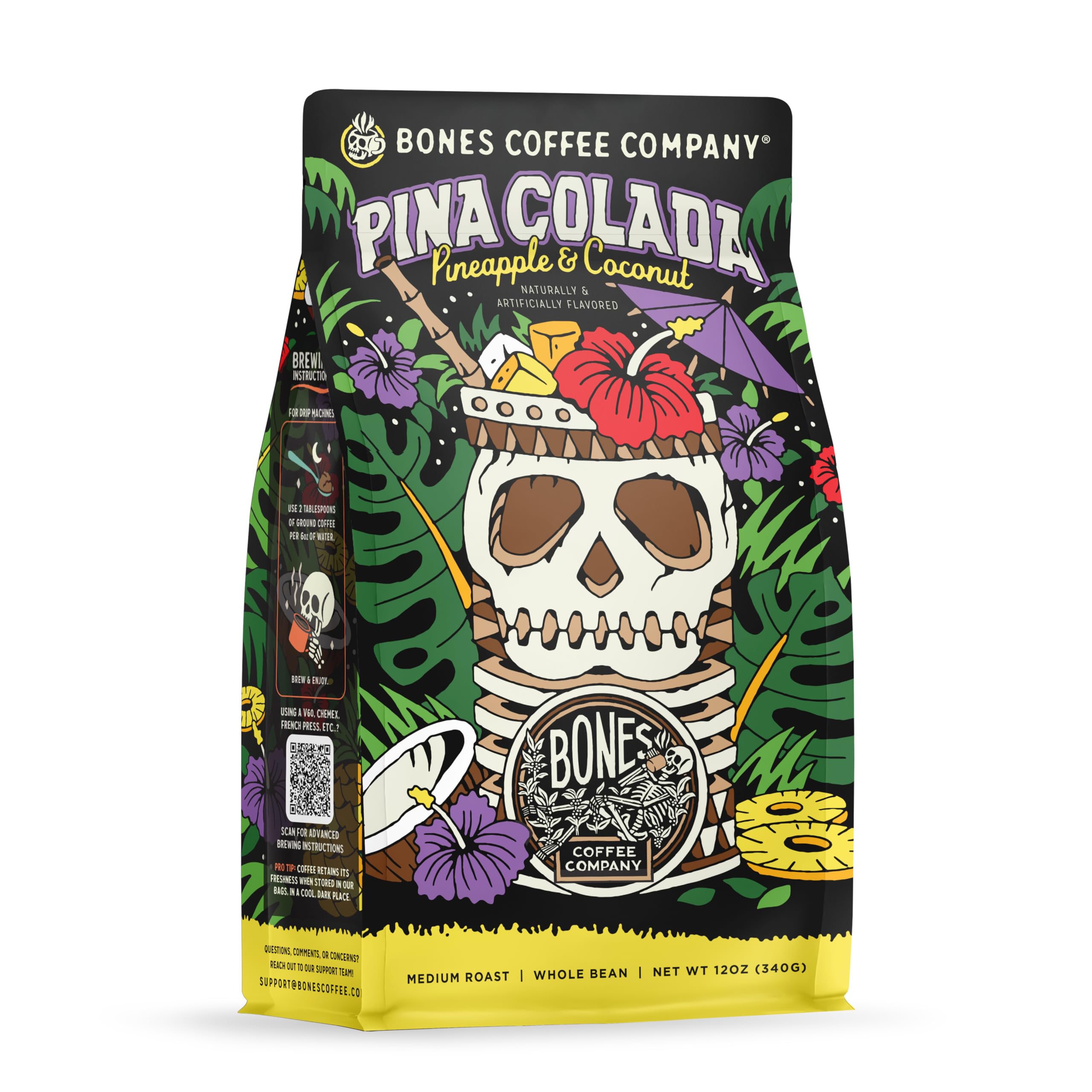 Bones Coffee Company Pina Colada, Pineapple and Coconut Flavored Coffee, Medium Roast Low Acid Arabica Beans Compatible with Auto drip and French