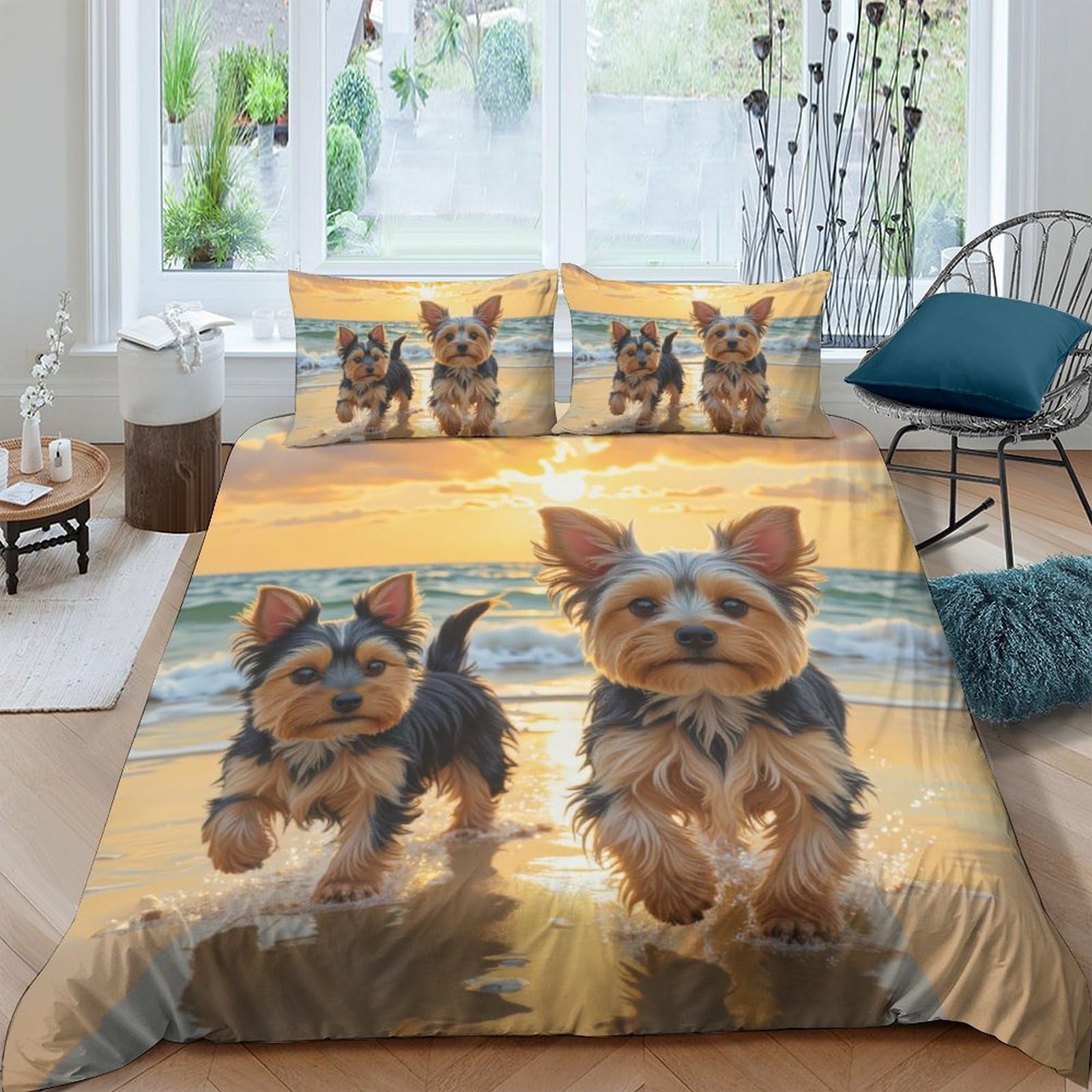 Ctjqhvkz Style-1 3D Printed Yorkshire Terrier Fitted Sheet Microfiber Soft Breathable Beach Sunset Bed Cover For Bedroom Dorm Decor Single（135X200cm）