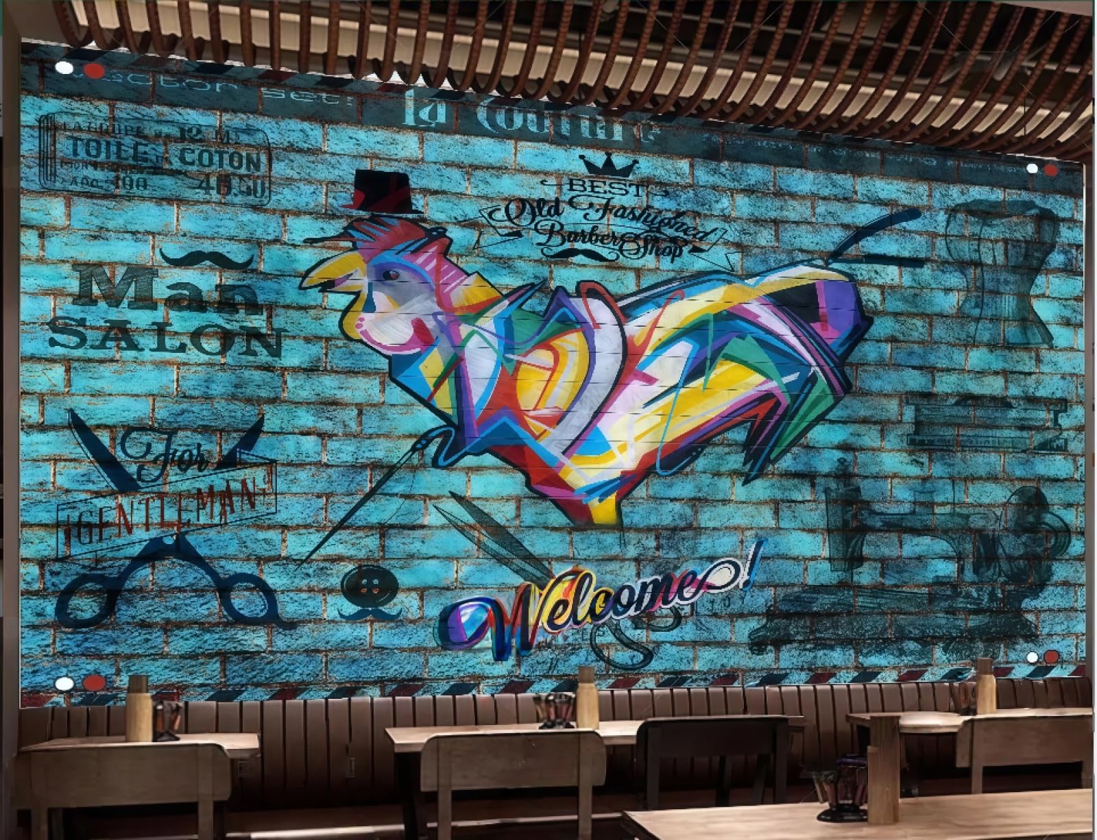 rskjdghshd Wallpaper Retro Brick Wall Hand-Painted Graffiti Barber Shop Clothing Store Western Restaurant Background Wall Mural Afternoon Tea Coffee Shop Wallpaper,3D,430x300cm