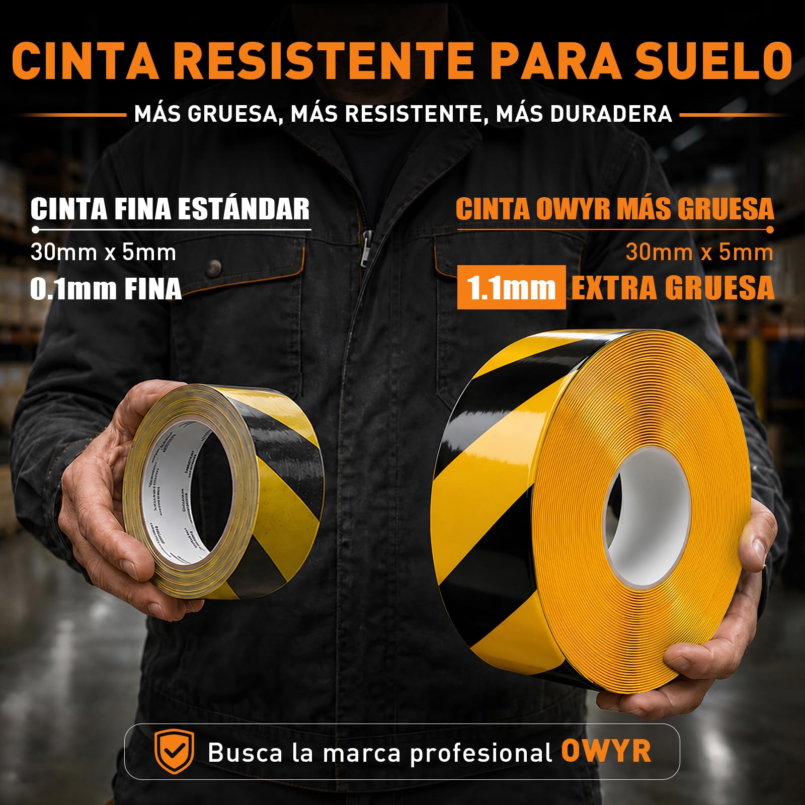 Cinta de Marcaje de Suelo, 50 mm x 30 m, Negro Amarillo | 1,1 mm De Grosor, Reforzada y Resistente al Desgaste, Fuerte Adhesión, Para Almacén e Industria