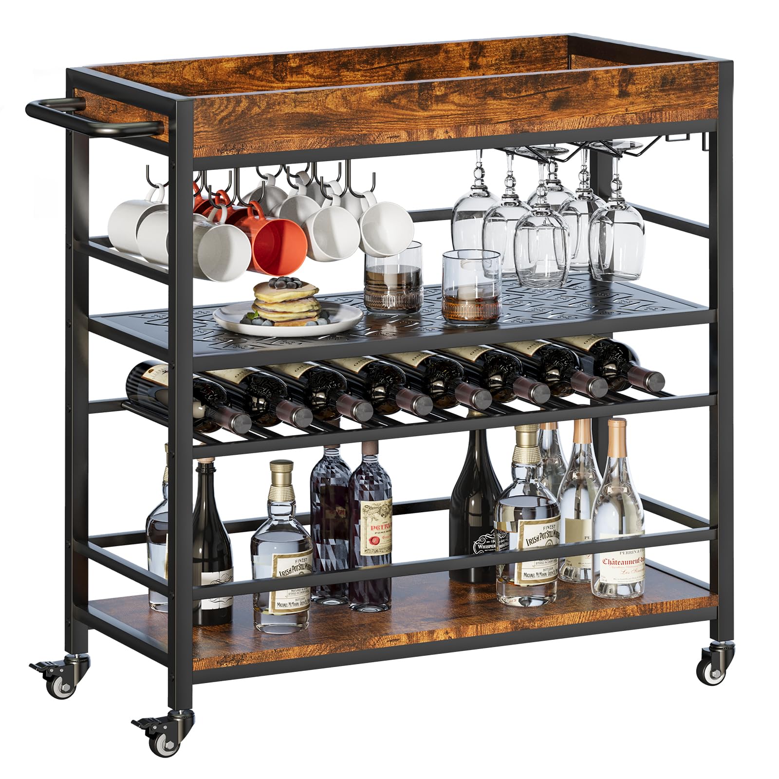 Bar Cart for Home, Serving Cart with Wine Rack, Mobile Kitchen Serving Cart with Storage and Glass Holder, Rolling Home Wine Rack on Wheels, Rolling Beverage Cart