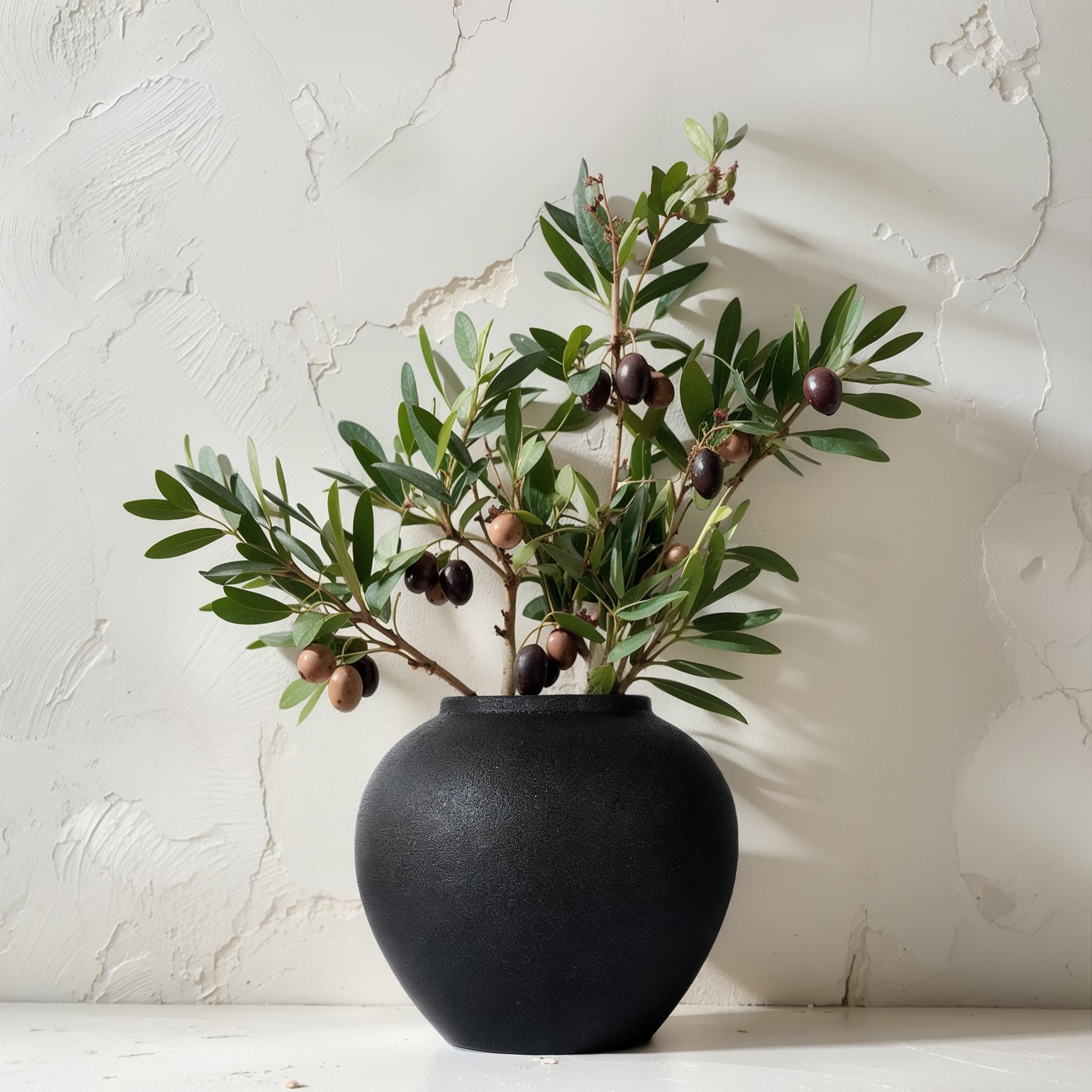Mattschwarze Keramikvase ca. 21 cm, Moderne rustikale Deko Vase für Pampasgras, Blumen und Grün, Runde Tischvase als Centerpiece für Wohnzimmer, Flur und Regal