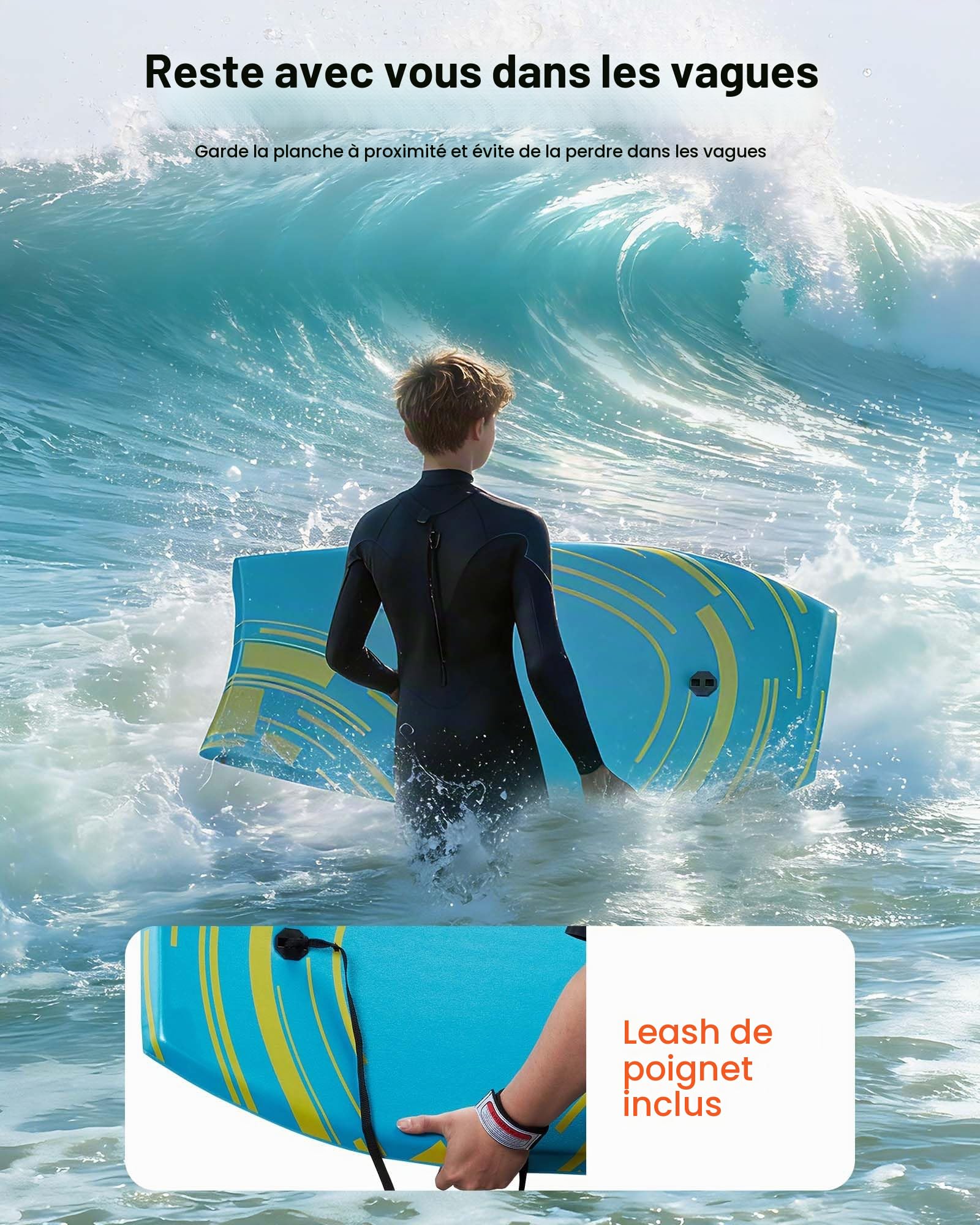 VEVOR Planche de Bodyboard 105,5 cm, Bodyboard de Plage avec Noyau en Mousse EPS et Leash de Poignet, Matériel de Surf Sport Nautique pour Débutants et Jeunes jusqu'à 81,7 kg, Planche de Boogie Bleue