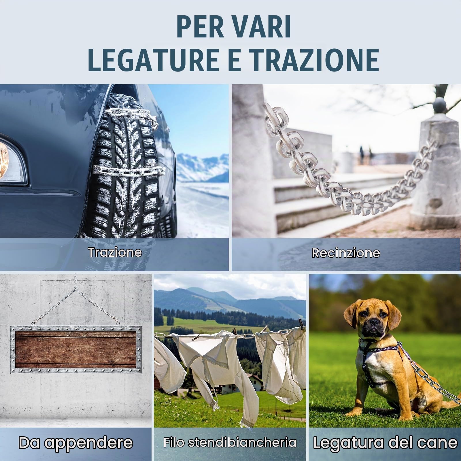 VEVOR Catena a maglie in acciaio al carbonio zincato, 7,3 mm x 28 m, Capacità di carico 756 kg, Due connettori rapidi, Catena per traino, Sospensione, Campeggio, Catena traino di sicurezza da auto