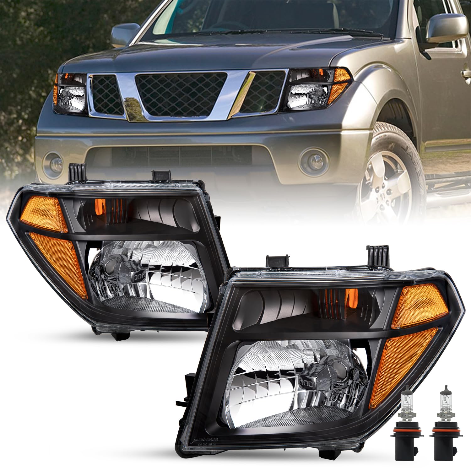 Headlight Assembly Fit for 2005-2008 Nissan Frontier / 2005-2007 Pathfinder Halogen Black Headlamp Pair Driver and Passenger Side Bulbs Included