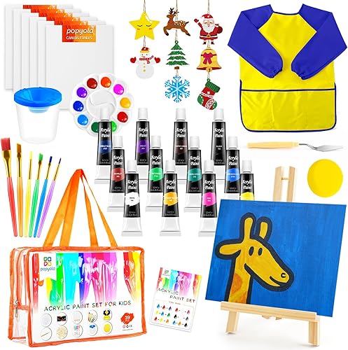 POPYOLA Juego de pintura acrílica de 39 piezas para niños, kit de pintura con 12 pinturas acrílicas no tóxicas, bata, caballete, plantillas de
