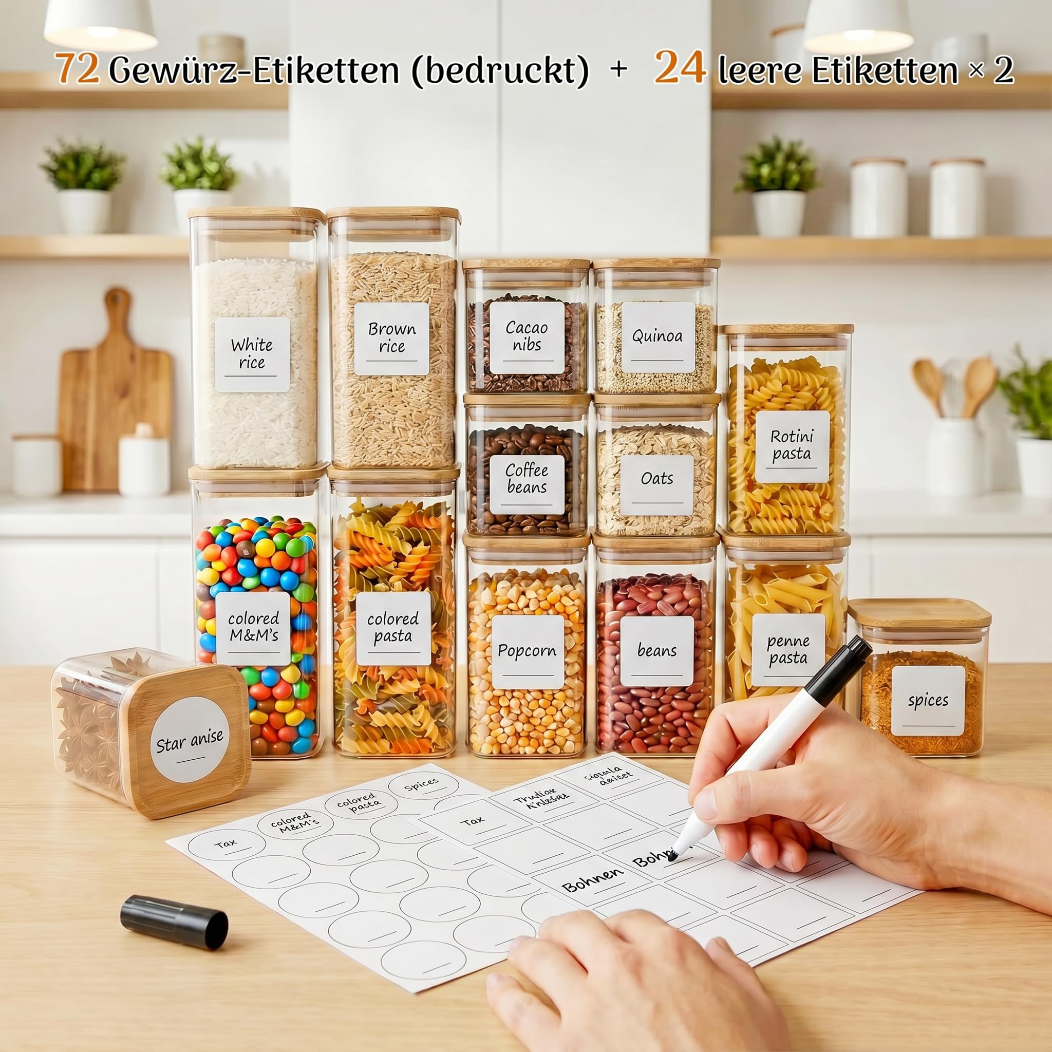 Vorratsgläser mit Deckel luftdicht 12er Set (Bambus), Vorratsdosen Glas mit Deckel, Glasbehälter für Küche, Aufbewahrungsgläser für Müsli, Kekse & Lebensmittel, Gesamtvolumen 9,2 Liter