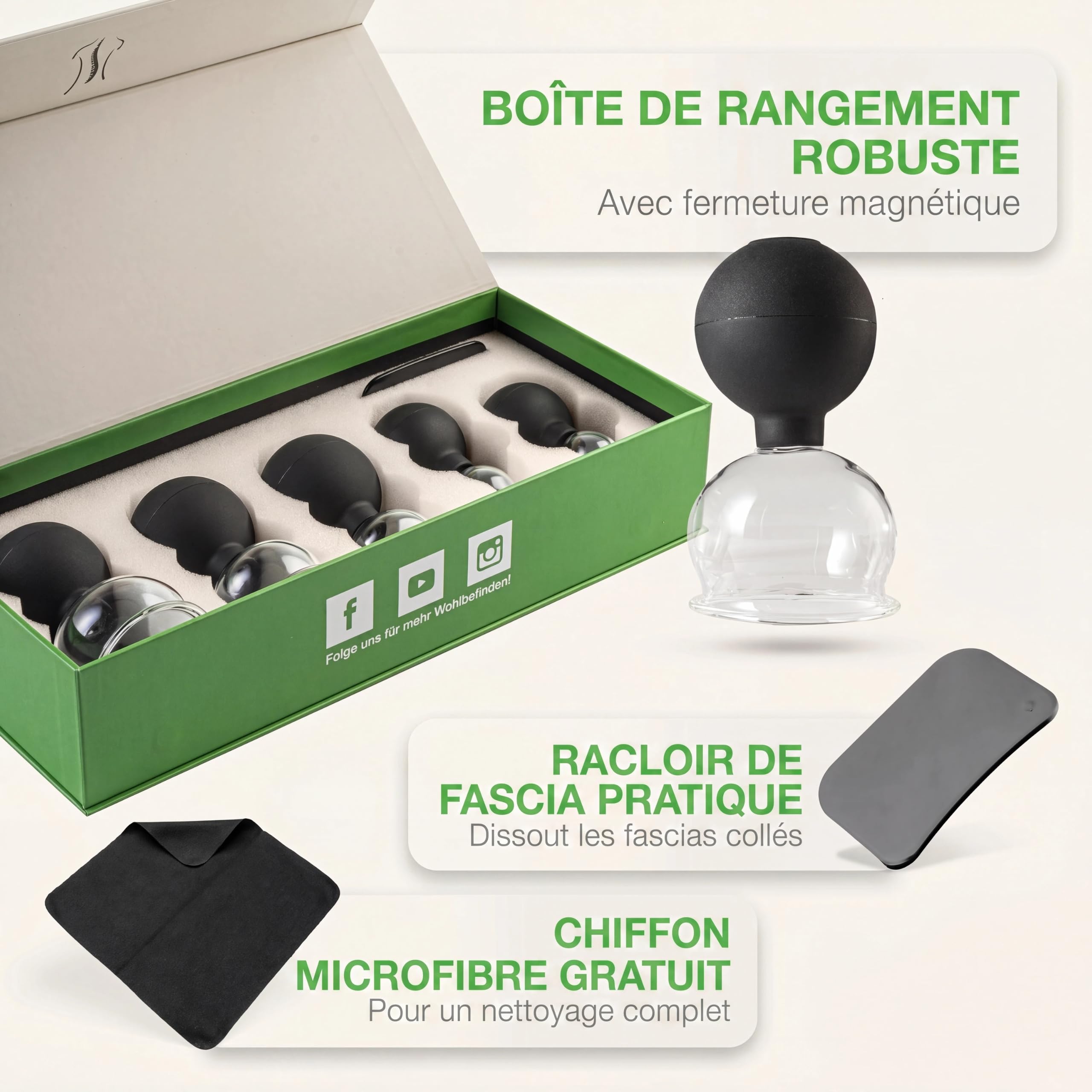 BACKLAxx ® Set De Ventouses En Verre Avec Poire En Silicone Et Grattoir Fascia | Ventouse Cellulite Et Ventouse Massage Pour Corps Et Visage | Ventouses Thérapeutiques Cupping