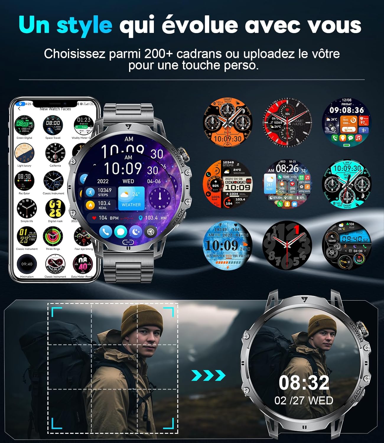 Smartwatch display showing various customizable watch faces and the option to upload a personal photo as a background.