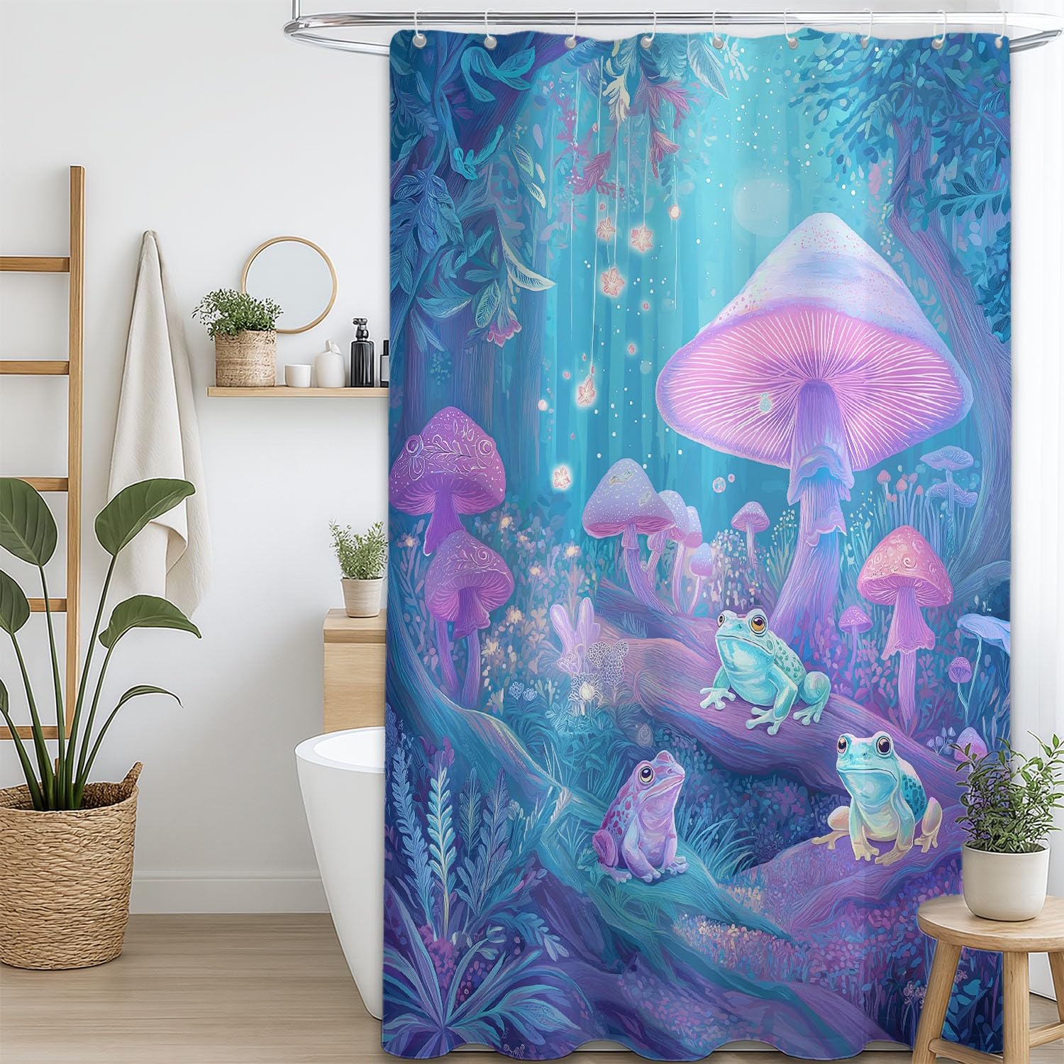 Generico Tenda da doccia Carino Fungo Rana, Ciano Rosa tenda da doccia Fantasia per il bagno, tessuto in poliestere impermeabile con ganci 180 x 200 cm Per La Vasca Da Bagno Casa E Hotel Caravan