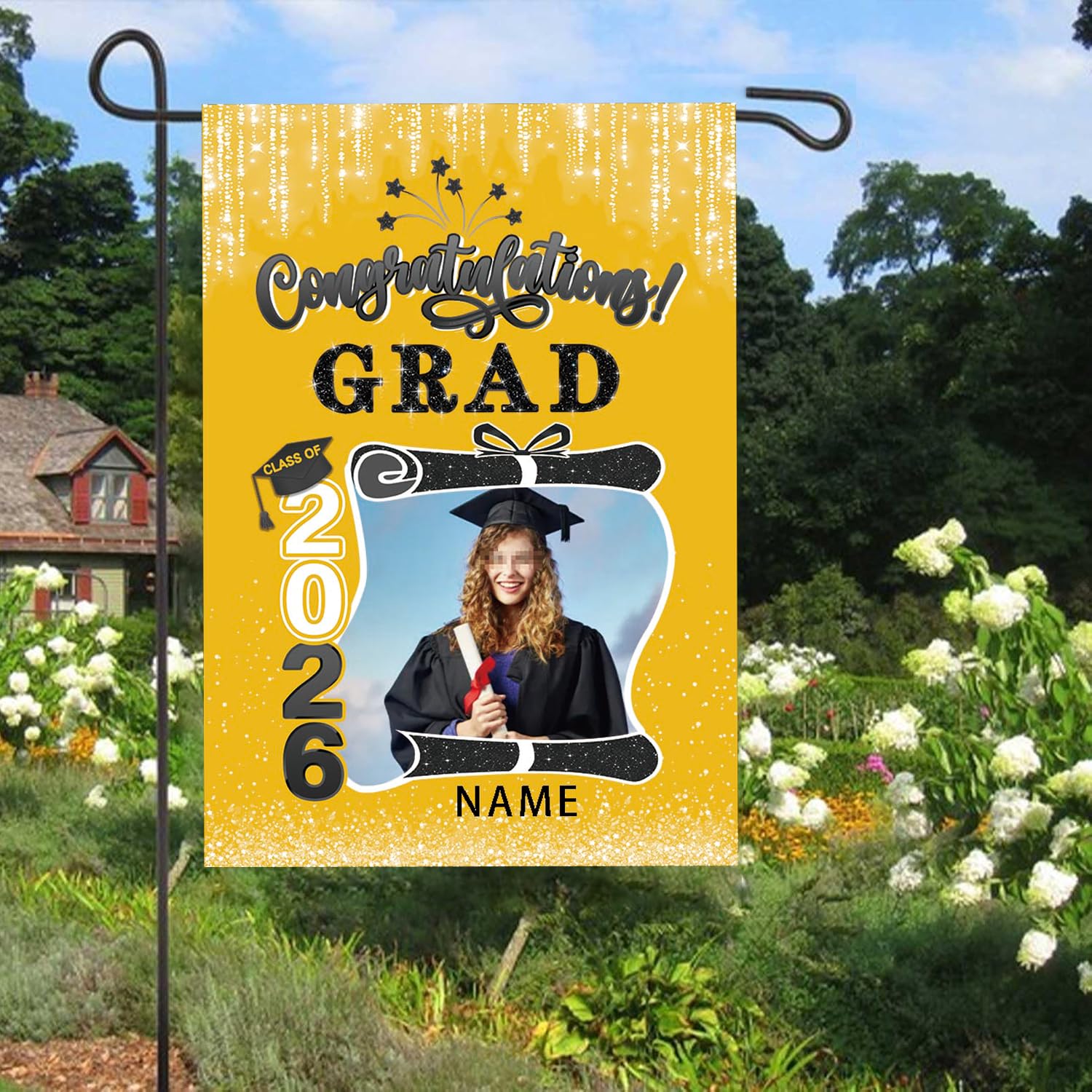 AUBAO Custom Double side Graduation Garden Flag with Photo Class of 2026 Congrats Grad Double Sided Yard Flag Decorative Gifts(B-Yellow and Black)