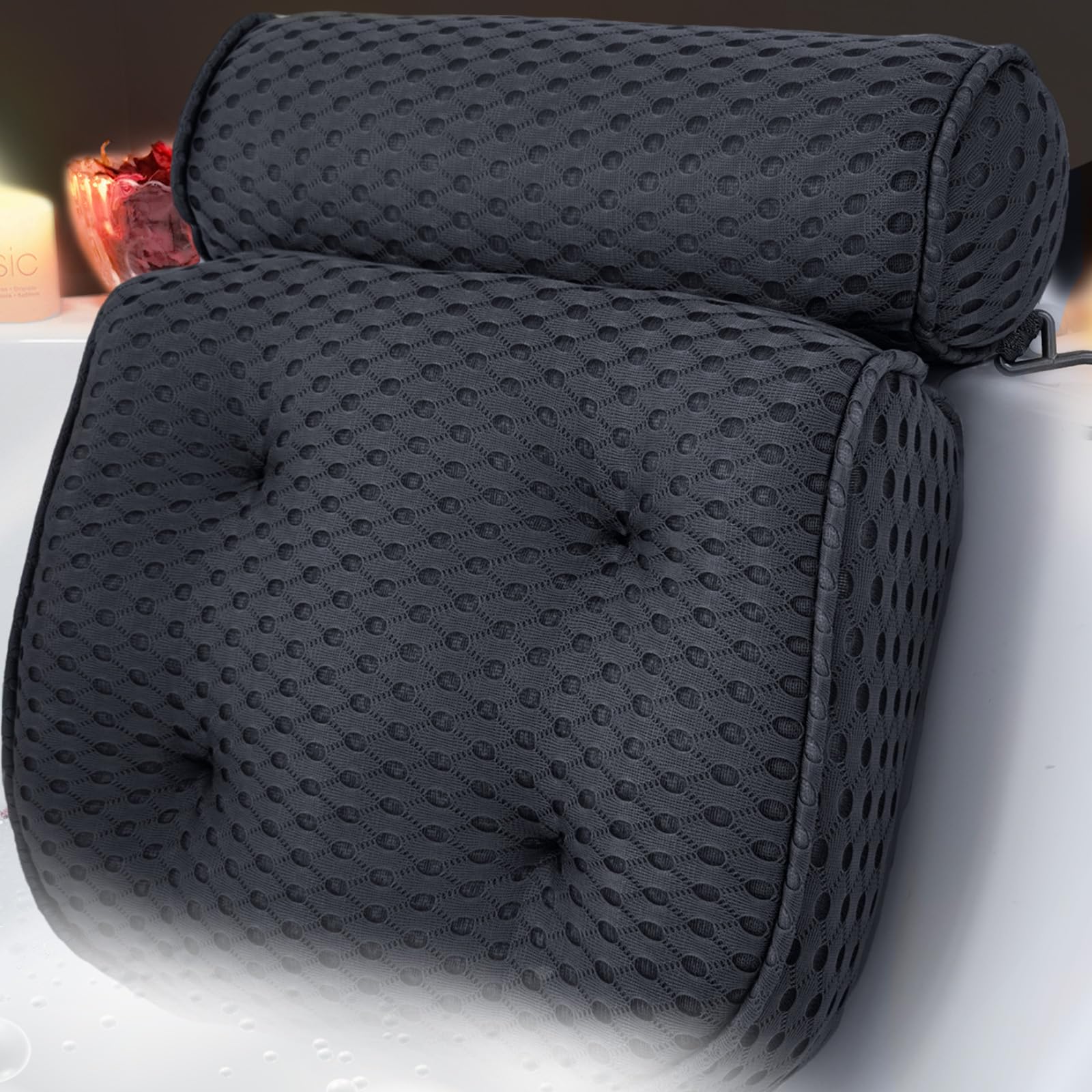 AEROiVi Luxury Bath Pillows for Tub Soft Mesh Strong 6 Suction Cups Black