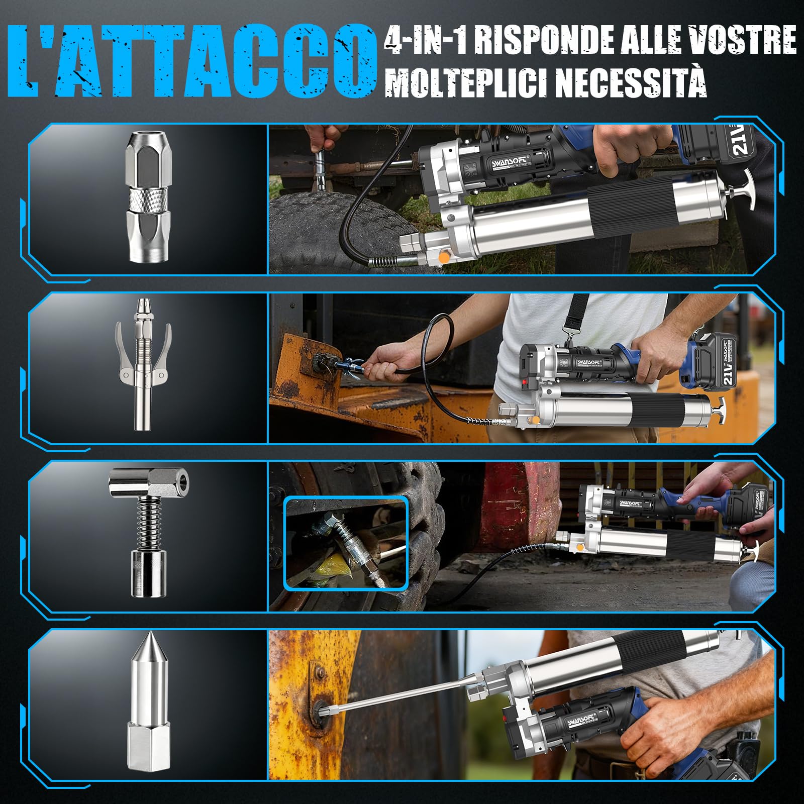 SWANSOFT Ingrassatore elettrico aggiornamento 700 g/min 21V 4Ahx2 batteria ingrassatore | 12.000 PSI Pistola per grasso senza fili 2 in 1 per la costruzione di camion e fattoria con 4 accoppiatori
