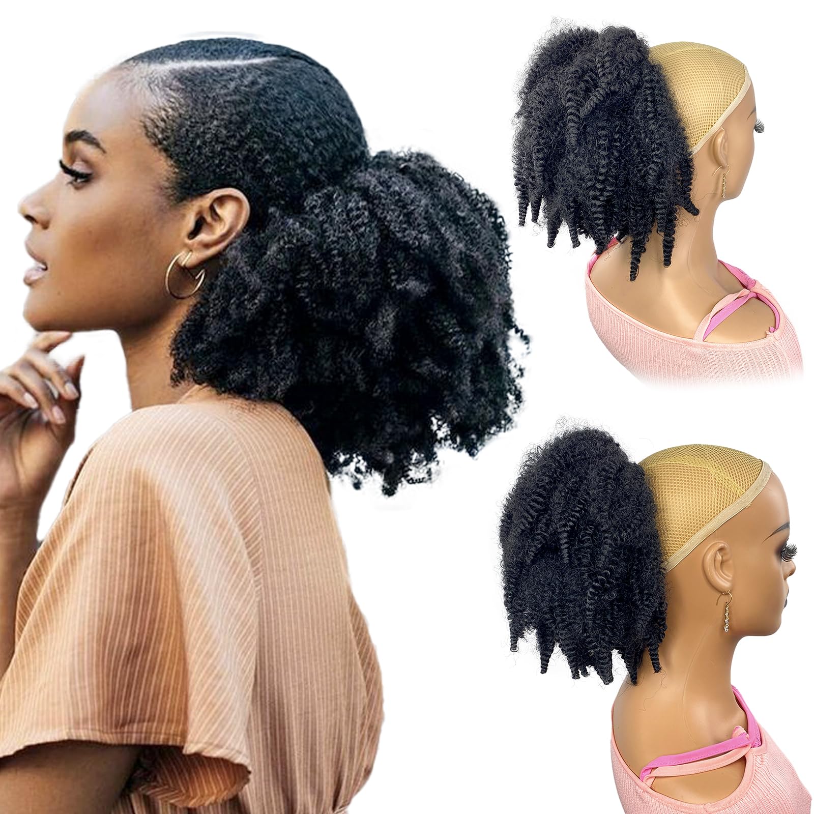 Photo 1 of VAVANGA Short Marley Hair Drawstring Ponytail Black 4C Afro Puff Bun Braiding Ponytail Hair with Clips Synthetic Afro Kinky Curl Pony Tail Hairpiece for Black Women - Natural Black 12"