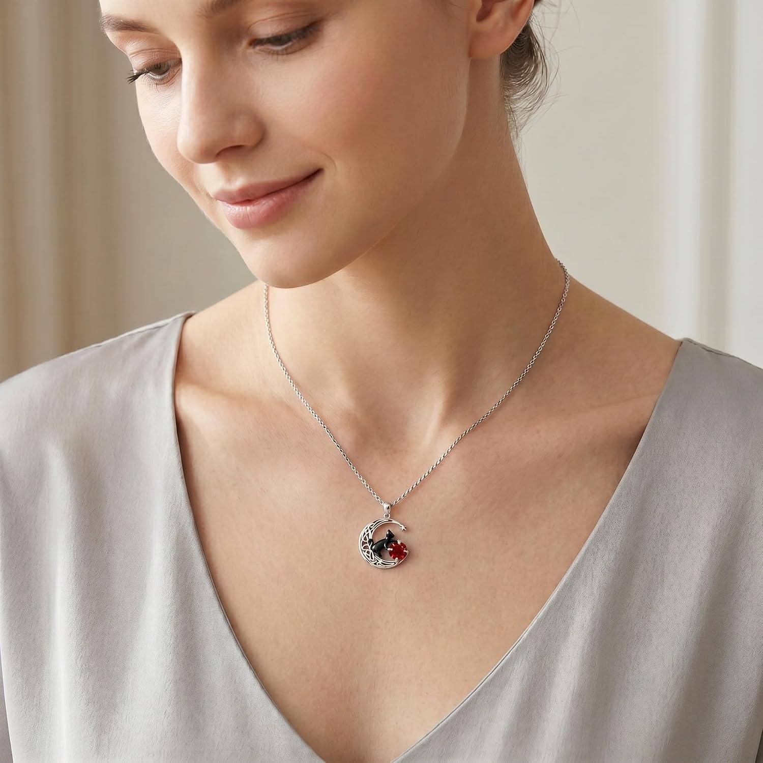Poiuy Cat Necklace for Women Birthstone Jewelry Necklace Moon Pendant Jewelry for Mom Christmas Birthday Anniversary Mothers Valentines Day Cat Gift for Cat Lovers Mother Women Wife Her