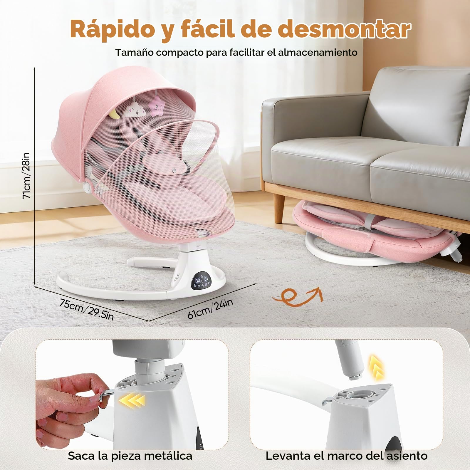 Respaldo Ajustable Hamaca para Bebé, Eléctrica Silla Mecedora de Bebé con Cojín Desmontable y Mesa Auxiliar Desmontable, Control Remoto Hamaca Bebe 5Velocidades de Columpio y 12 Melodias (Rosa)