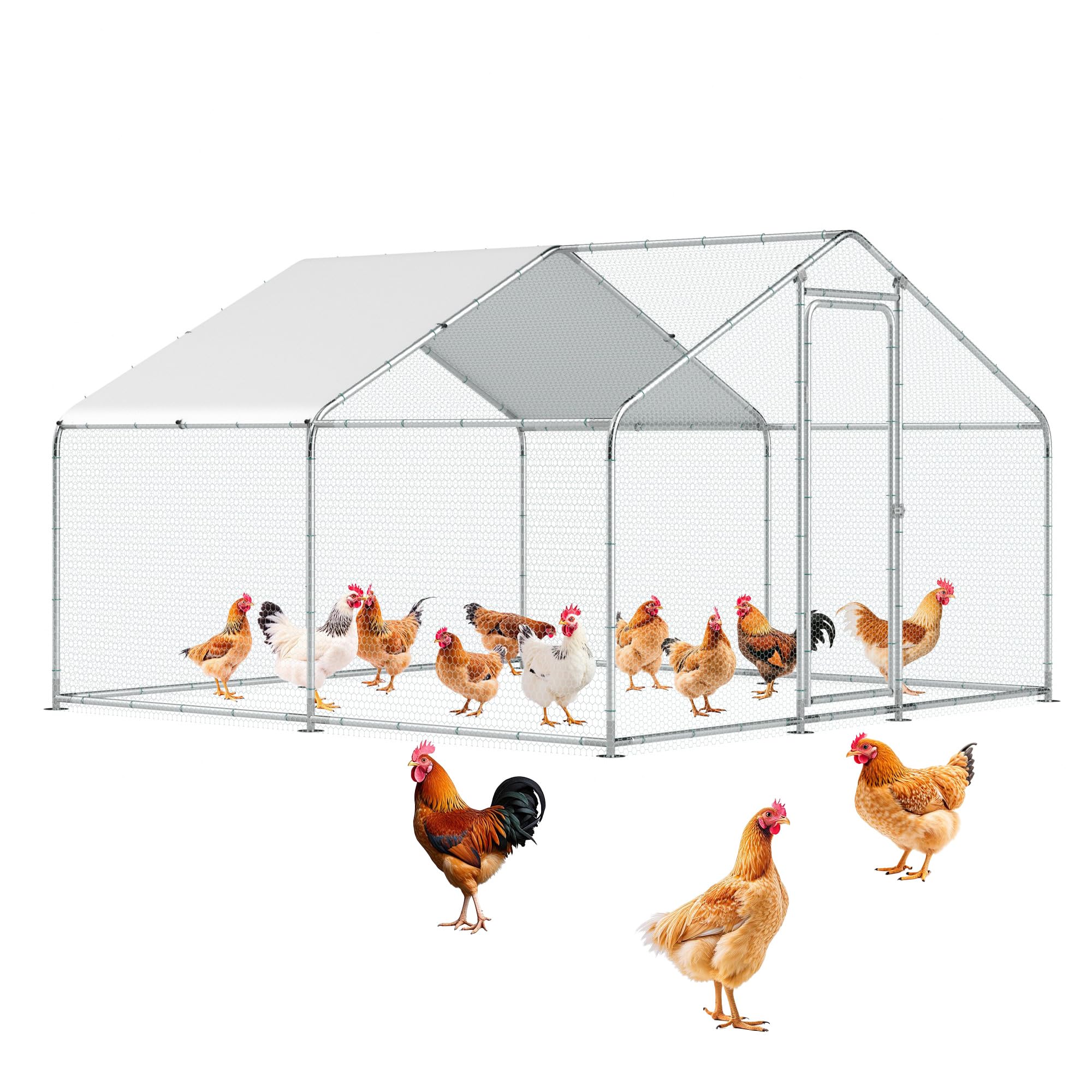Large Metal Chicken Coop, Walk-in Poultry Cage 10x10x6.6FT Chicken Run with Waterproof & Anti-UV Cover, Spire Roof Hen House with Lockable Door for