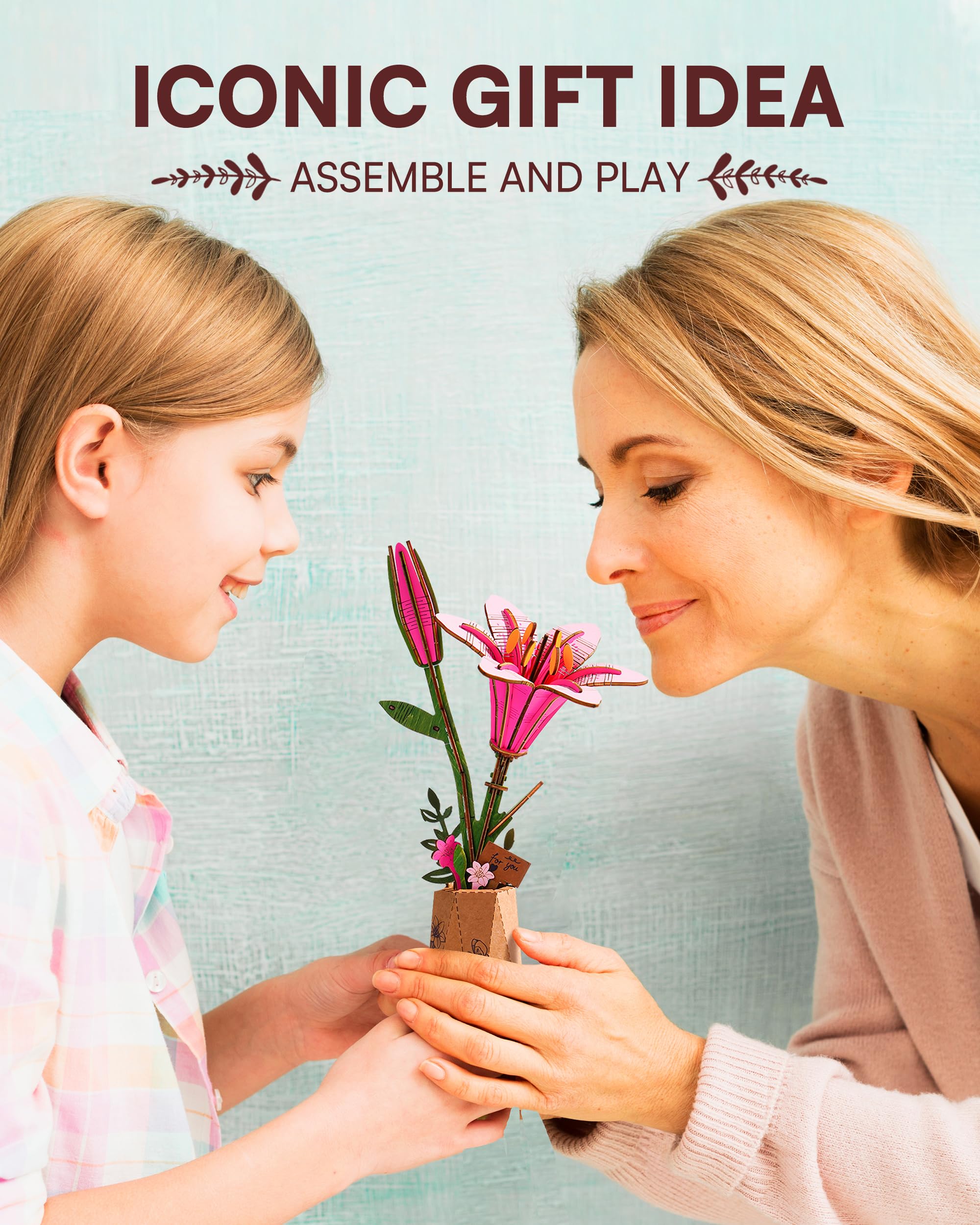 ROBOTIME Puzzle in legno 3D, kit di modelli di fiori artificiali per adulti, decorazione creativa per la casa, accessori per soggiorno, regali per donne a San Valentino (Giglio Rosa)