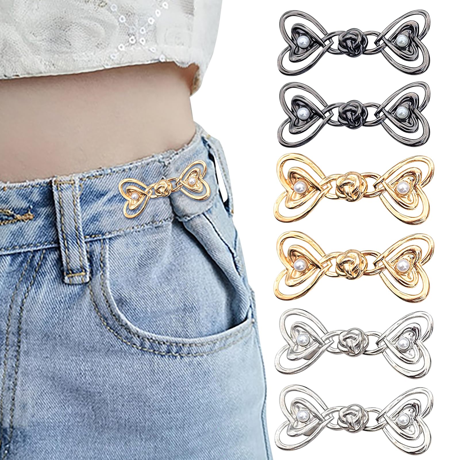 Azushwer Black, Silver, Gold 6 Pcs Waist Tightener Clips, Waist Cincher Clip, Waist Tightener, No Sewing, Adjustable Heart Pant Waist Tightener For Loose Jeans, Skirts, Sleeves, Sweaters Clothing Accessories