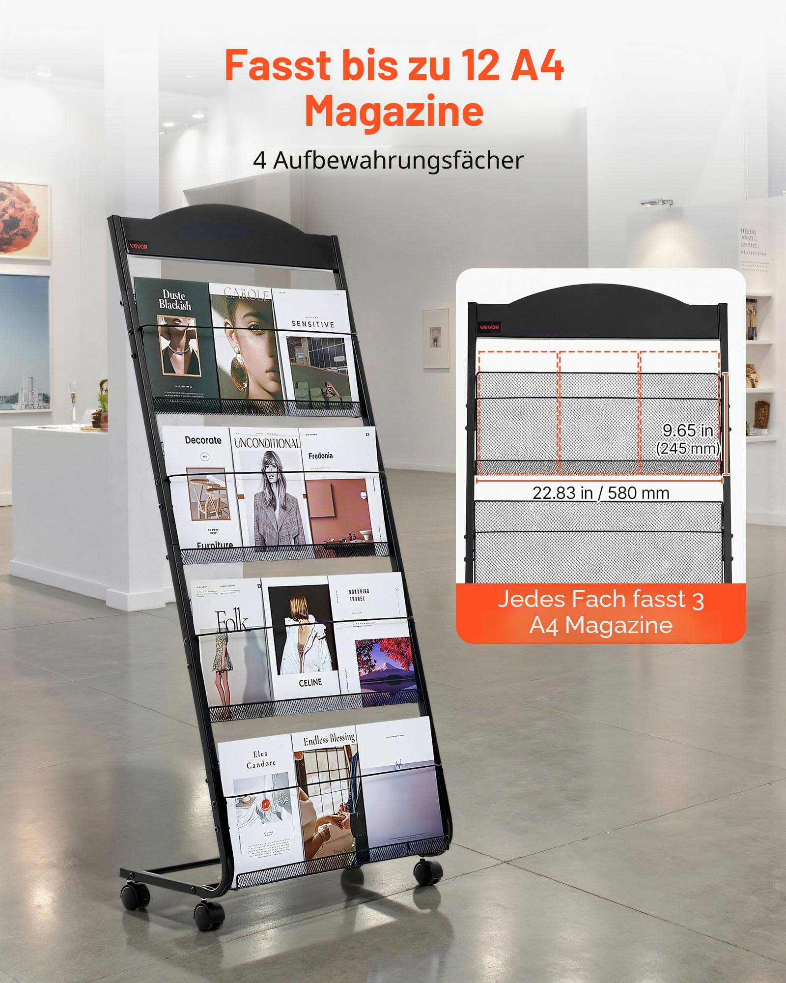 VEVOR faltbarer Prospektständer Zeitschriftenständer mit 4 Taschen, rollbarer Literaturständer Kataloghalter Schrägsteller, Buchständer Bodenaufsteller für Messe, Büroshows, Ausstellung