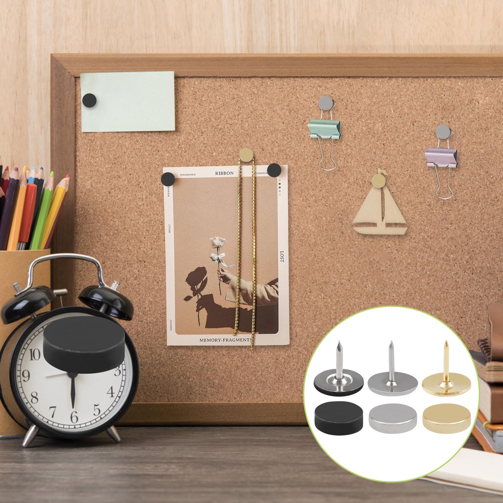 UFURMATE Magnetic Push Pins, 60Pcs Mix Color Pushpins Poster and Photo Hangers Magnetic Thumbtacks for Cork Board Metal Pushpin to Dispay Photo (Black,Gold,Silver) - Image 4