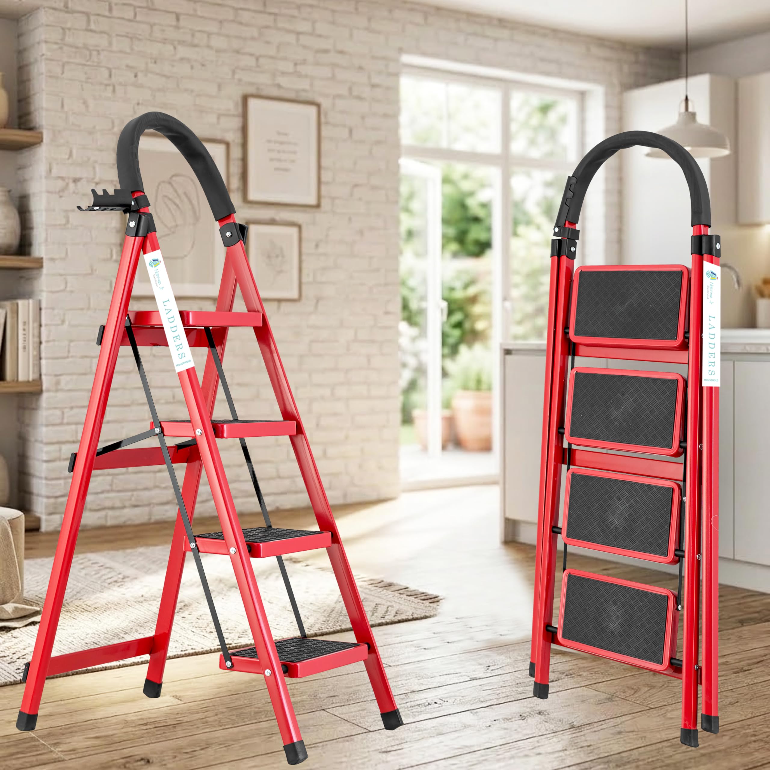 Norman Jr Red 4 Step Ladder for Home Use with Built-in Tool Tray | Heavy Duty D Shape Rods | Ultra Large Platform | Wide Rubber Feet | 150Kg Capacity Foldable Ladder - 7 Years Warranty-image-15