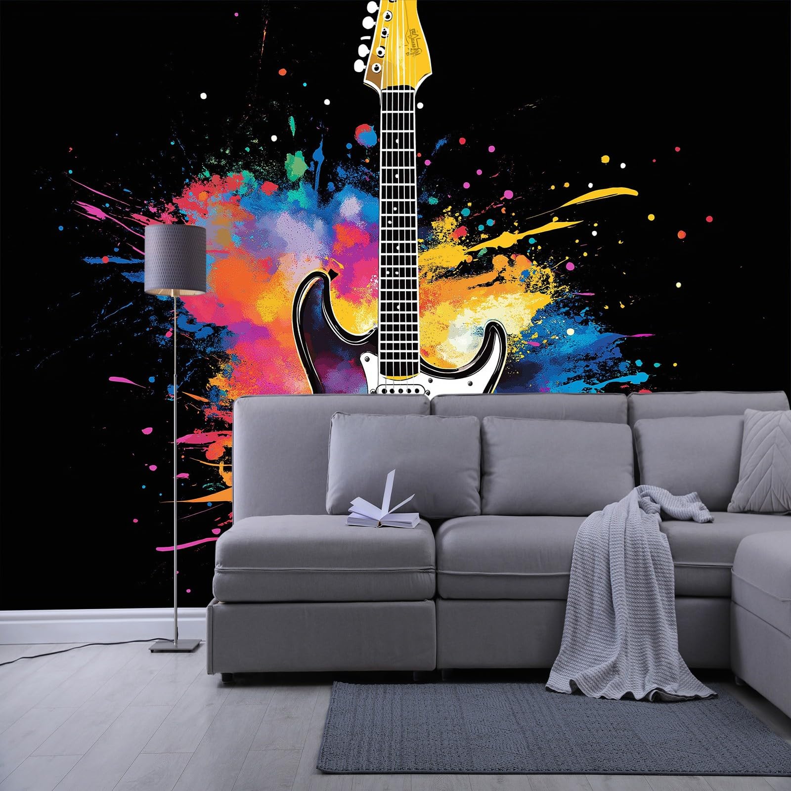 Papel pintado panorámico de arte musical pintado en pared, música instrumento rock guitarra no tejida pared, 350 x 256 cm (L x H) foto de pared para sala de estar, dormitorio infantil restaurante