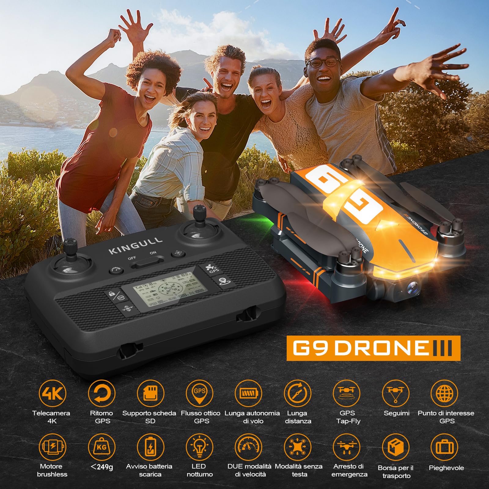 G9 GPS Drone con Telecamera 4K Professionale per Adulti e Bambini, Droni con Motore Brushless, 45 Minuti di Autonomia, 5G FPV Transmissione, Ritorno Auto, RC Quadricotter per Principianti, <249g, C0