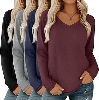 4 Pack Women's Long Sleeve V Neck Shirts, Casual Loose Fit Tees Basic Tunic Tops Trendy Fall T-Shirts Outfits