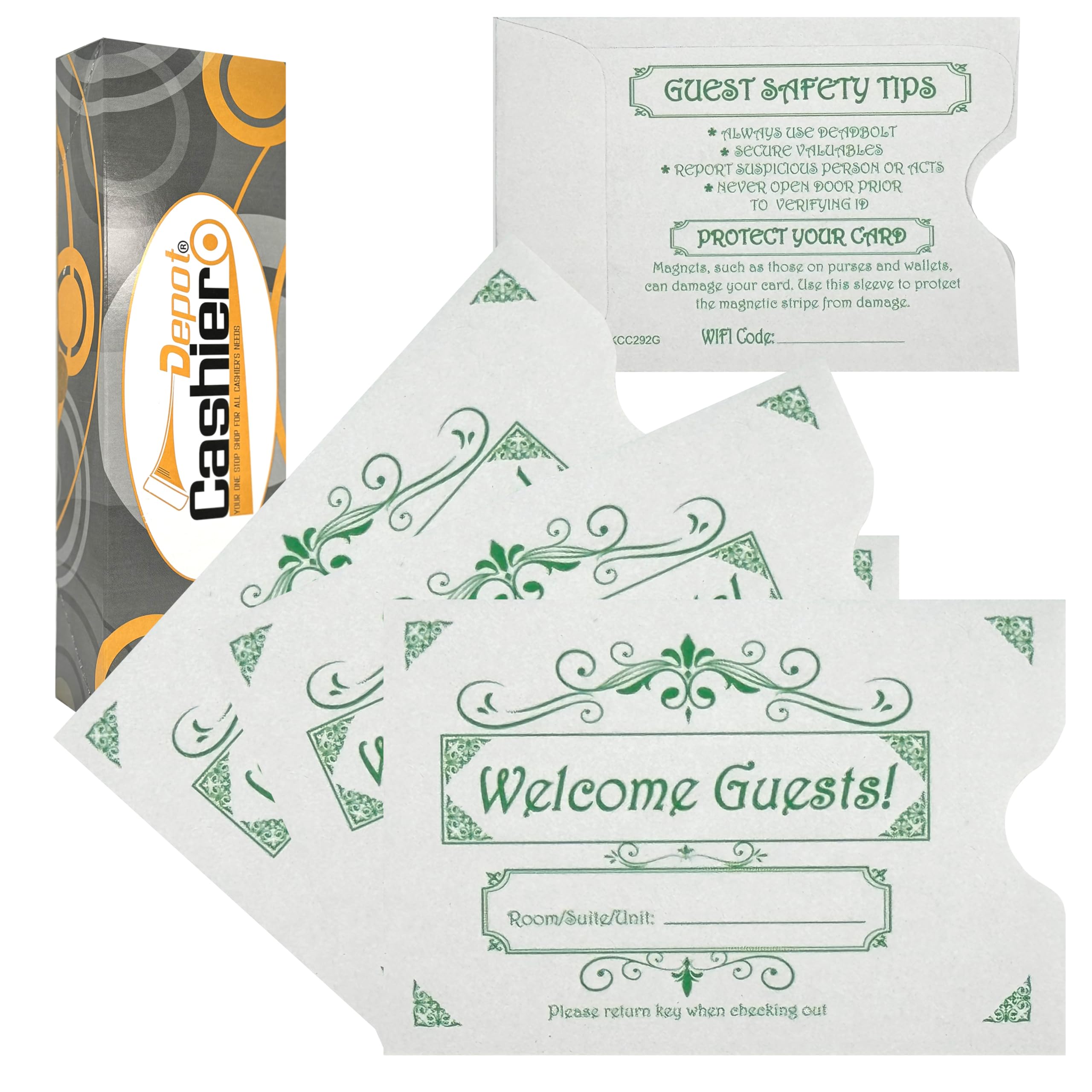500 Cashier Depot - Key Card Sleeves, White Paper, 2-3/8 x 3-1/2 Inch, Welcome Guest Message, Green Print, for Hotels and Motels, 500 Count