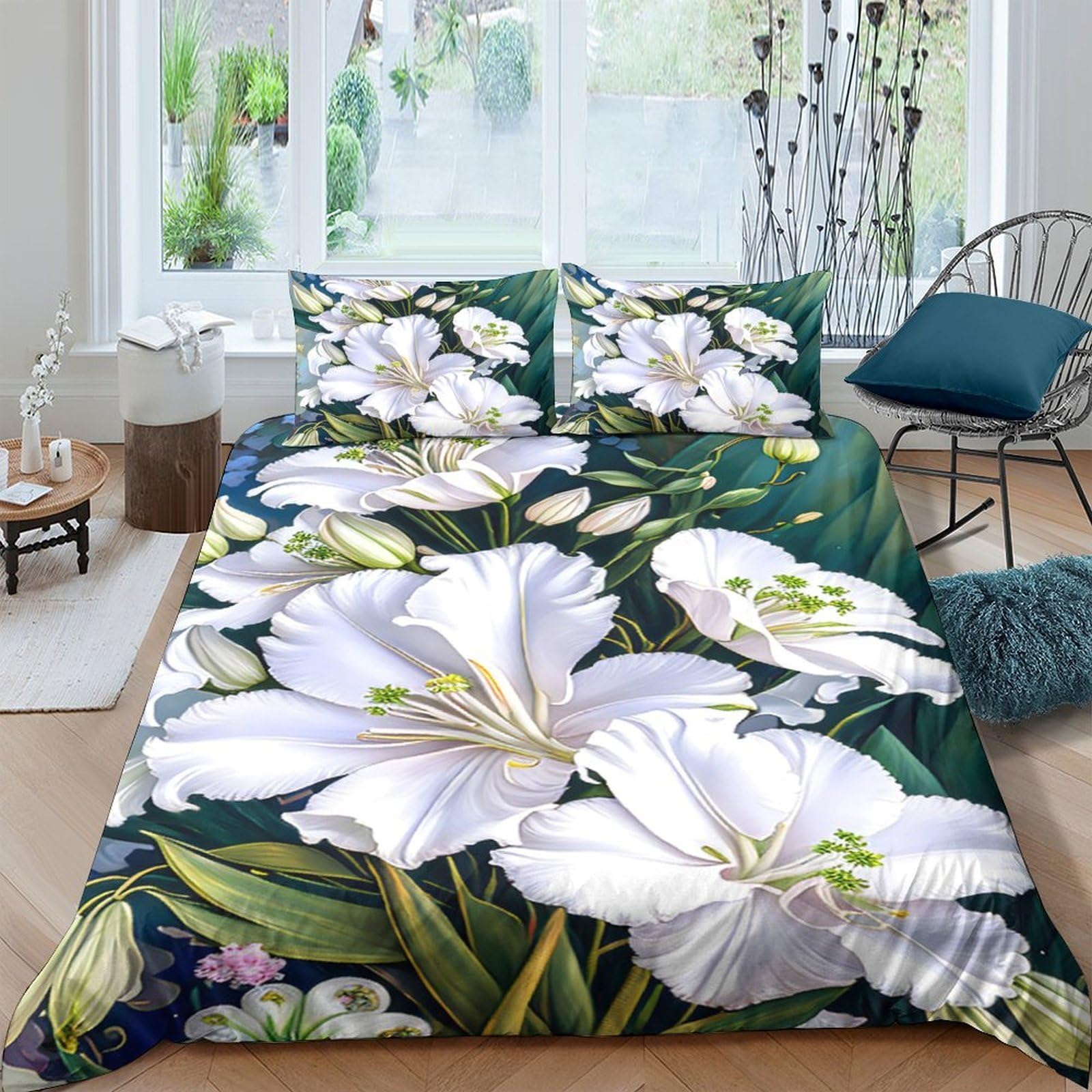 Ctjqhvkz Style-4 3D Printed White Lily Fitted Sheet Microfiber Soft Green Botanical Mattress Cover For Bedroom Guest Room Decor Single（135X200cm）