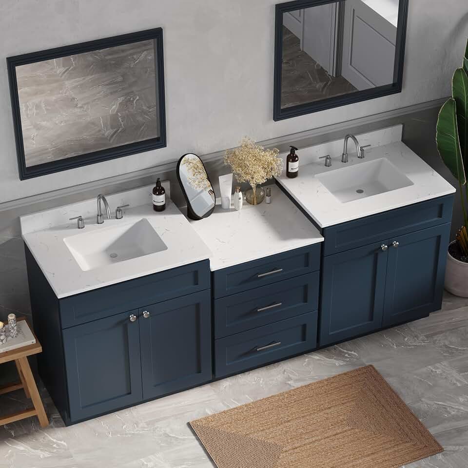 DISAR 84" Double Sink Bathroom Vanity with 3 Drawer Center Cabinet, Carrara Quartz Top and Ceramic Sinks, Solid Wood Frame, Soft Close Doors and Drawers, 85" x 22" x 35.25" (Navy Blue)