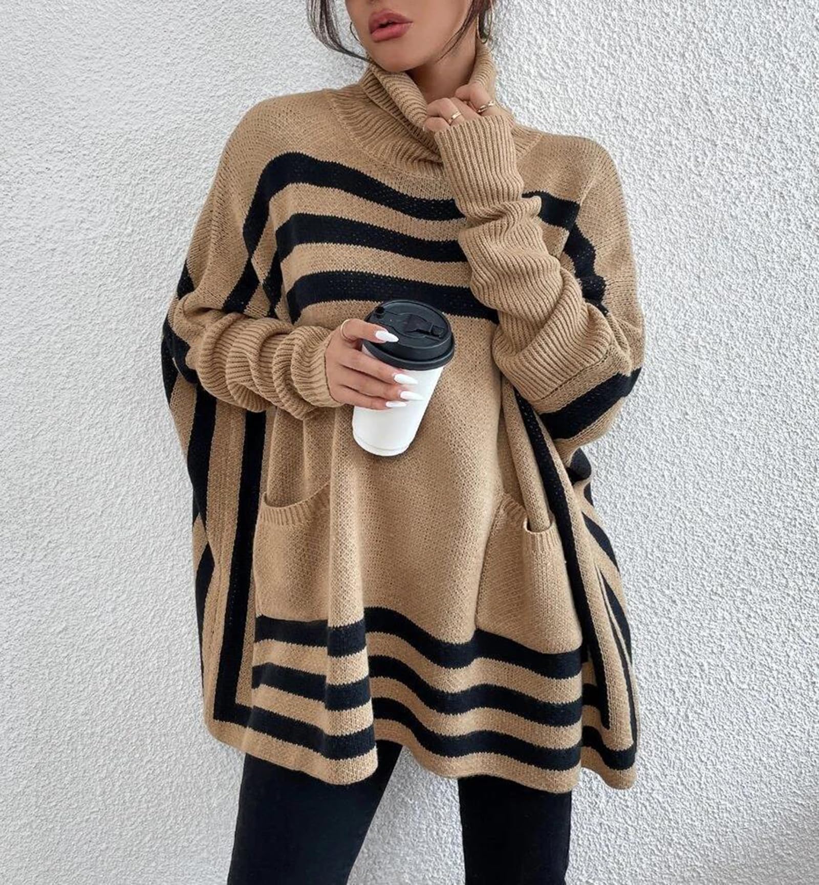 Dzianinowe Swetry Ponczo dla Kobiet Jesień Zima Pasiasty Golf Sweter Nietoperzowe RęKawy Oversize Sweter