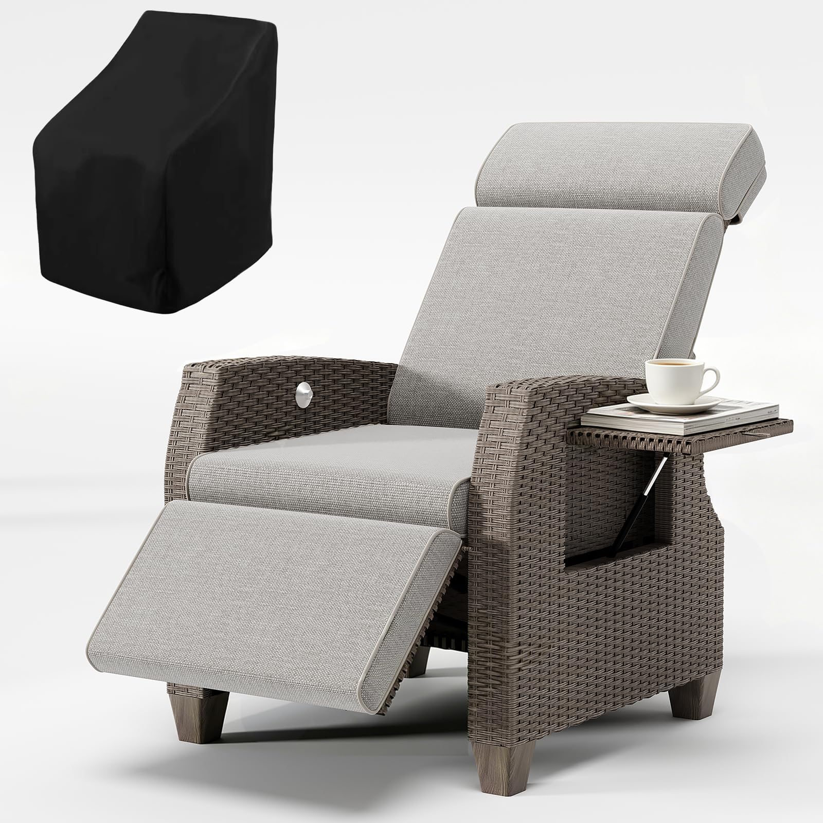 Fiutazge Fauteuil Relax Jardin en Rotin,Chaise Longue Jardin avec Coussin,Transat Jardin Exterieur,Dossier RéGlable,Table Latérale,Bain de Soleil pour Intérieur,Extérieur,Beige Coussin