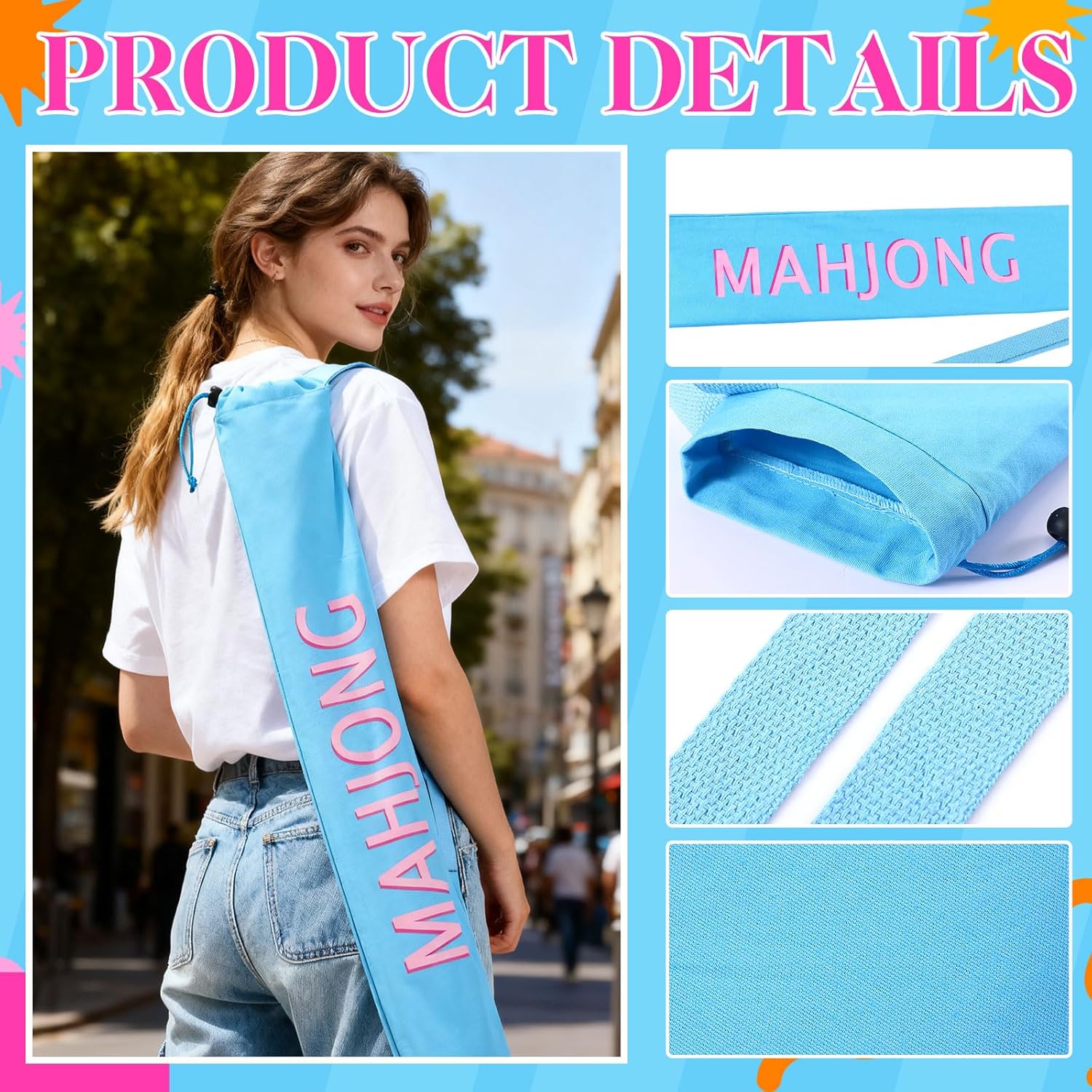 34 Inch Long Mahjong Mat Bag Cute Double Strapped Canvas Drawstring Mahjong Holder Lightweight Outdoor Carrying Bag for Board Games Travel Storage-Mat Not Include (Blue,Pink,2 Pcs)