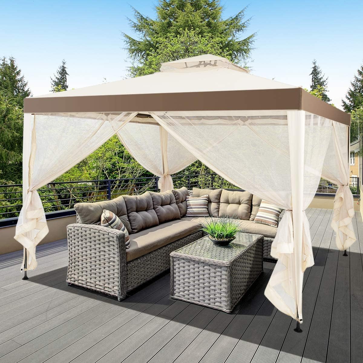 RELAX4LIFE Carpa 3x3m con Mosquitera, Tela Impermeable, Doble Techo, UPF 50+, Cortinas de Malla Extraíbles con Cremallera, Pergola de Jardín con Estacas de Tierra para Patio y Terraza (Beige)