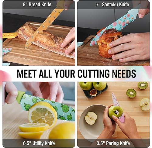 Miniatura 5 de HAUSHOF Juego de cuchillos de cocina, juego de cuchillos coloridos de 12 piezas con fundas, cuchillas de acero inoxidable con revestimiento