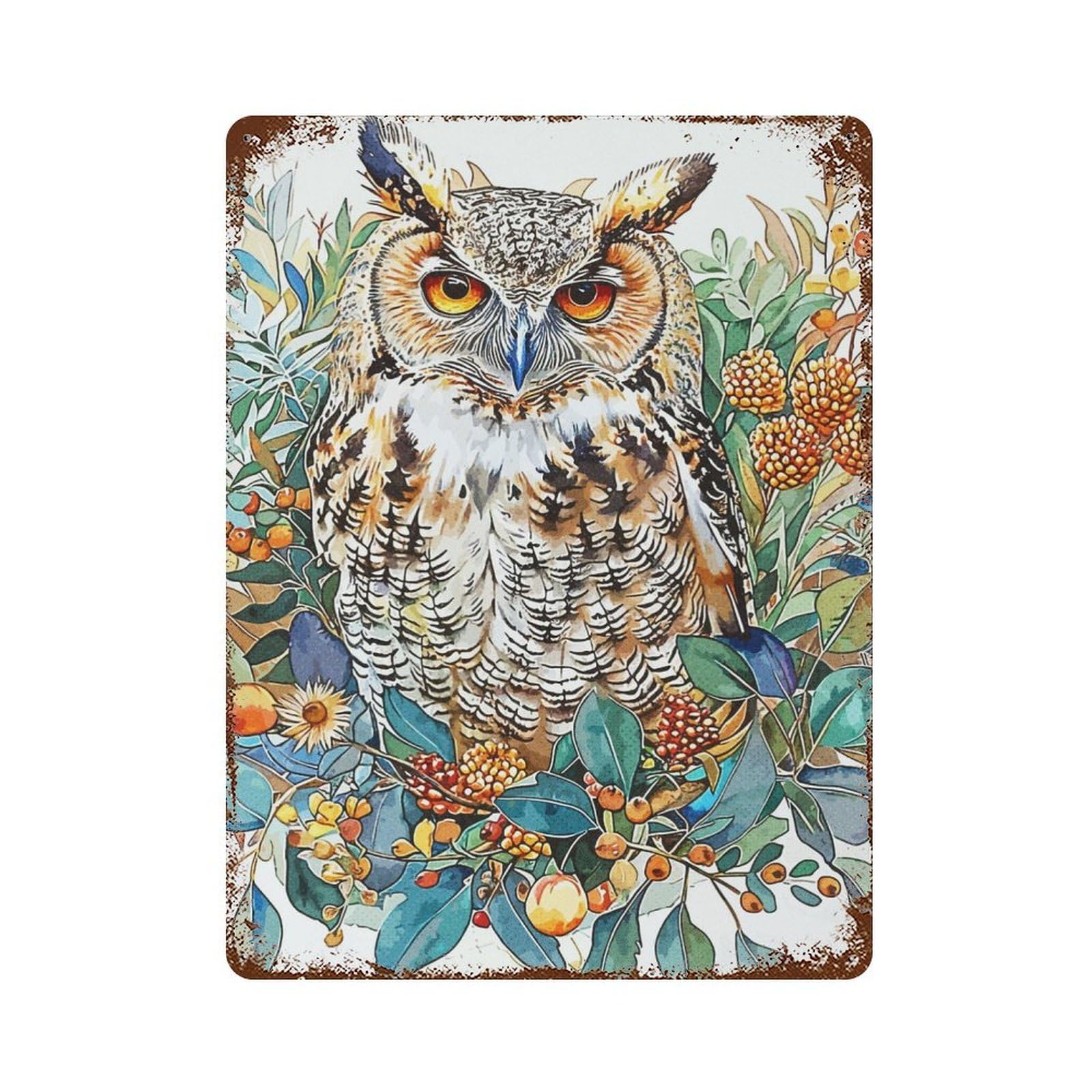 Decorative Tin Sign Realistic Watercolor Owl 15.7"x11.8", Novelty Wall Decor for Shed, Workshop And Garage Wall Decor
