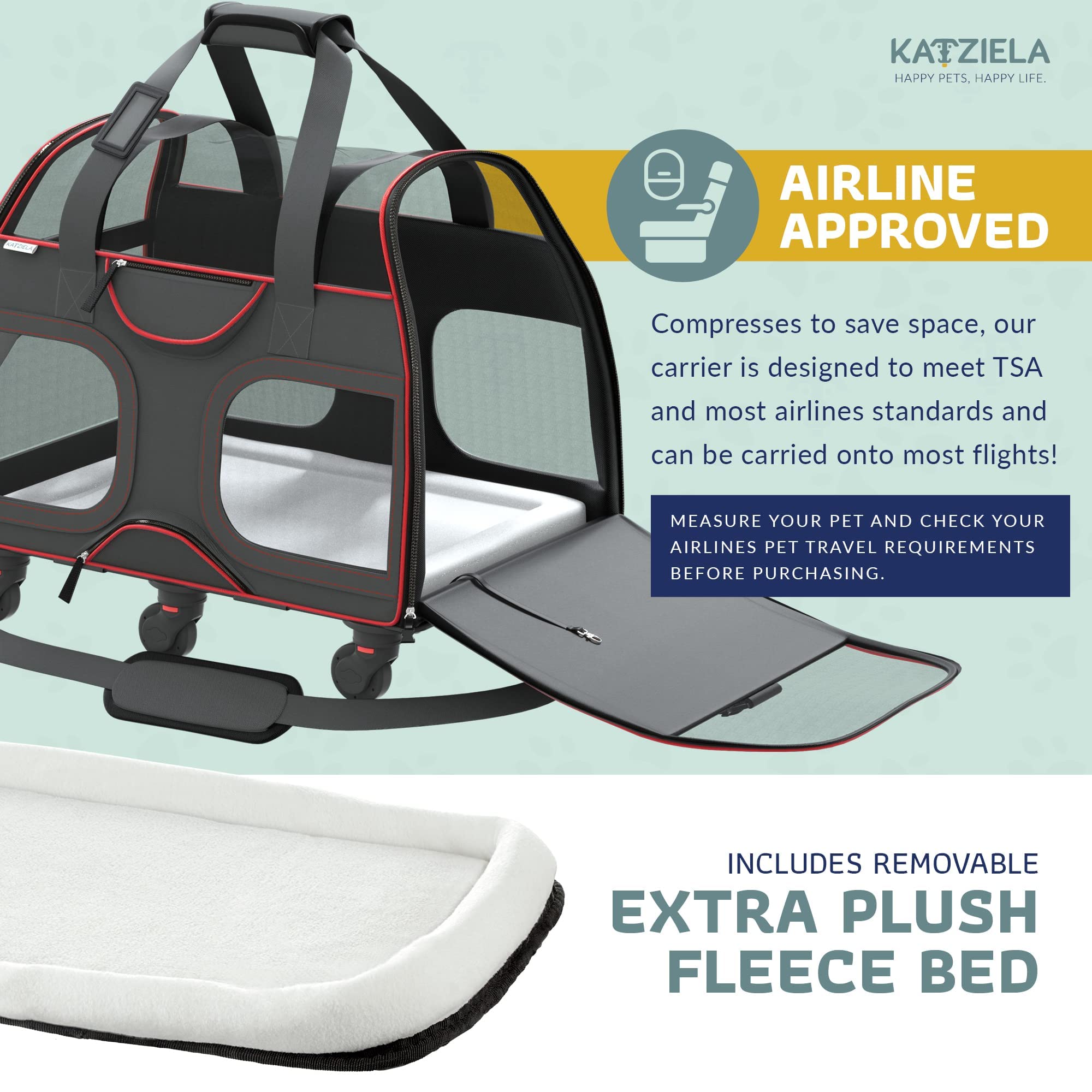 Katziela Rolling Pet Carrier Airline Approved Dog Carrier with